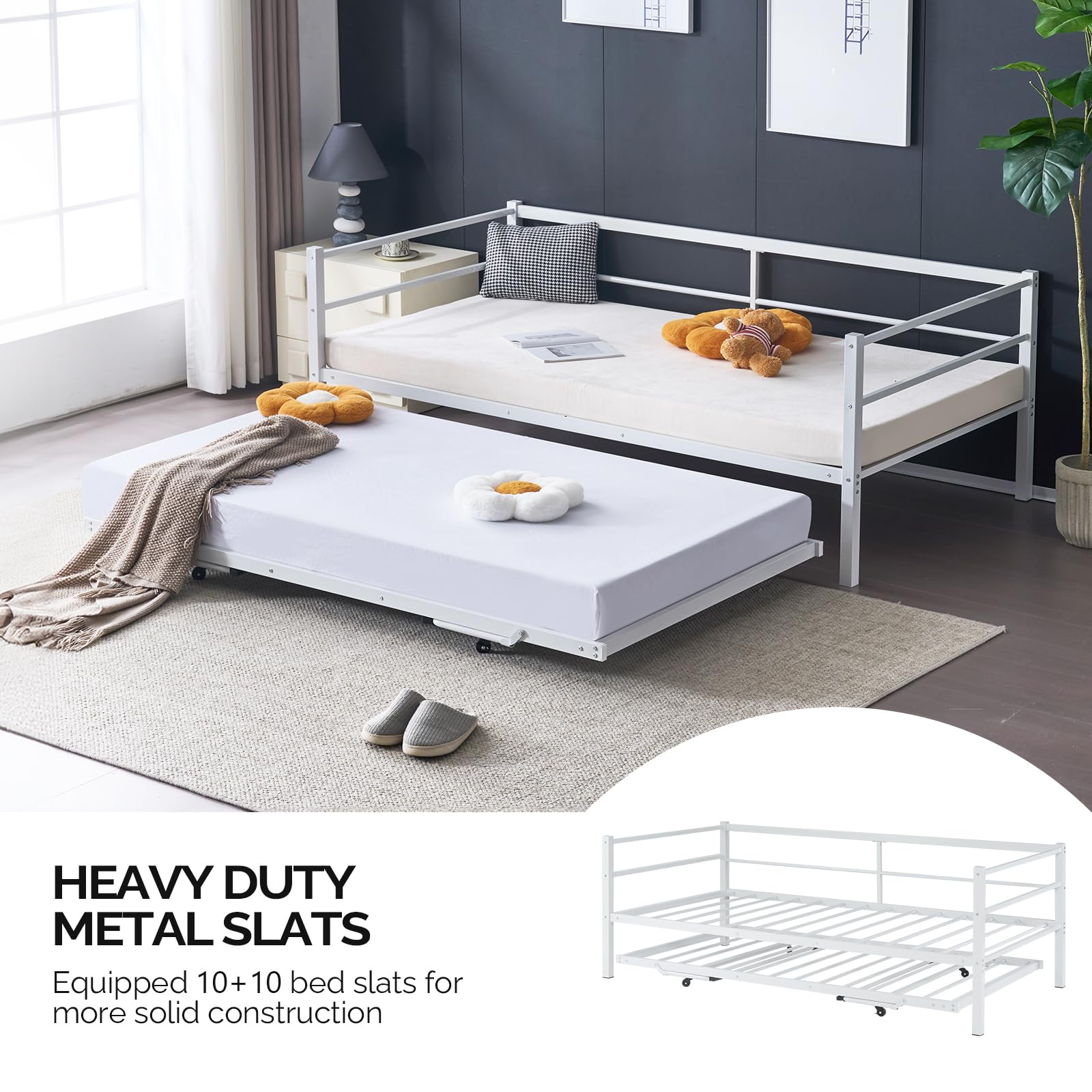 Metal Daybed with Pop Up Trundle Twin Bed Frame