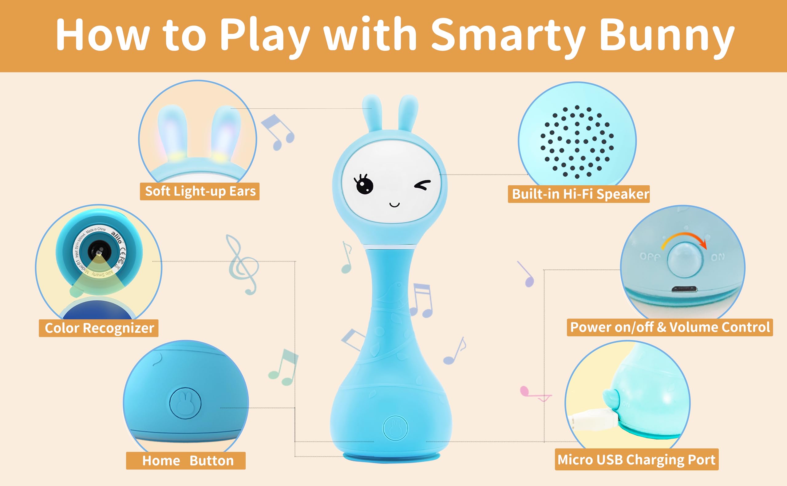 Baby Audio Player - Toy with Chewable Teether Ears & Colorful Lights
