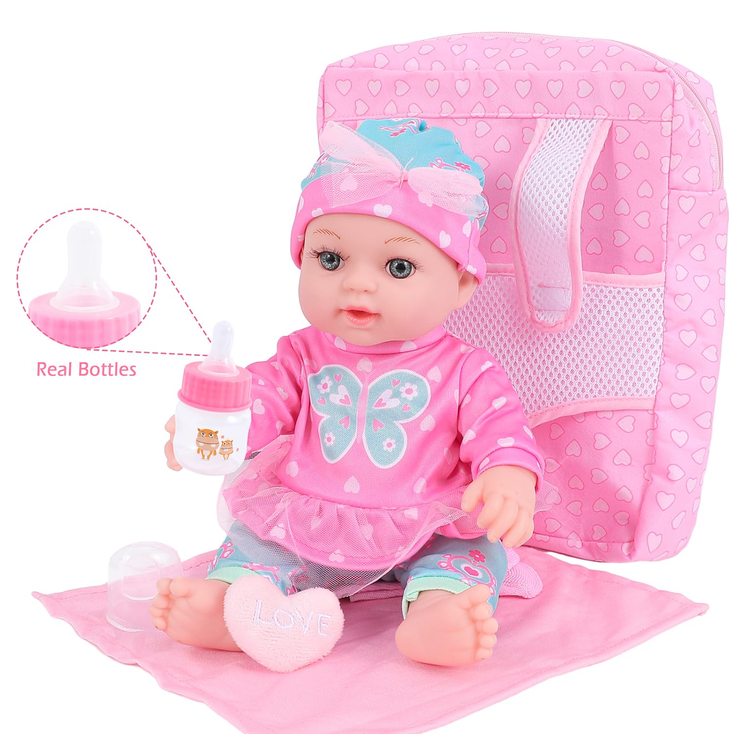 12 Inch Baby Doll with Clothes and Backpack Carrier,Reborn Baby Doll with Bottles Nipple