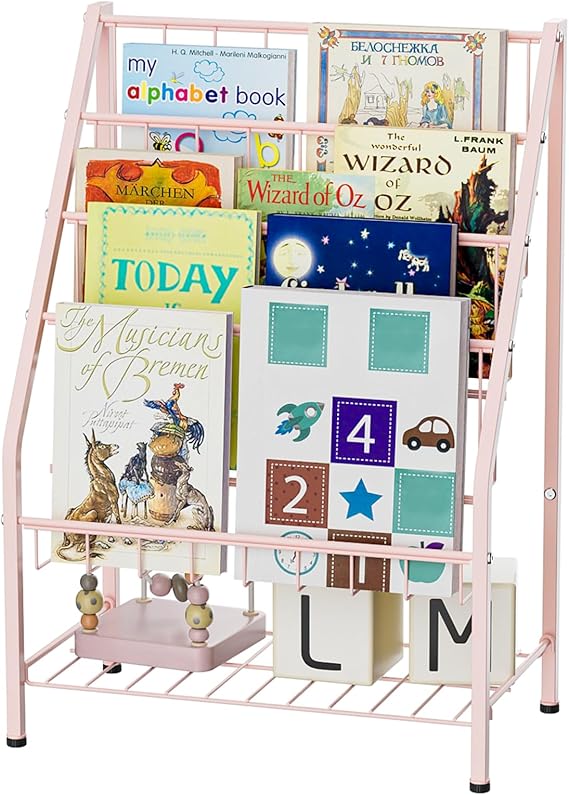Bookshelf for Toddlers, 4-Tier Metal Kids Bookshelves Rack with Toy