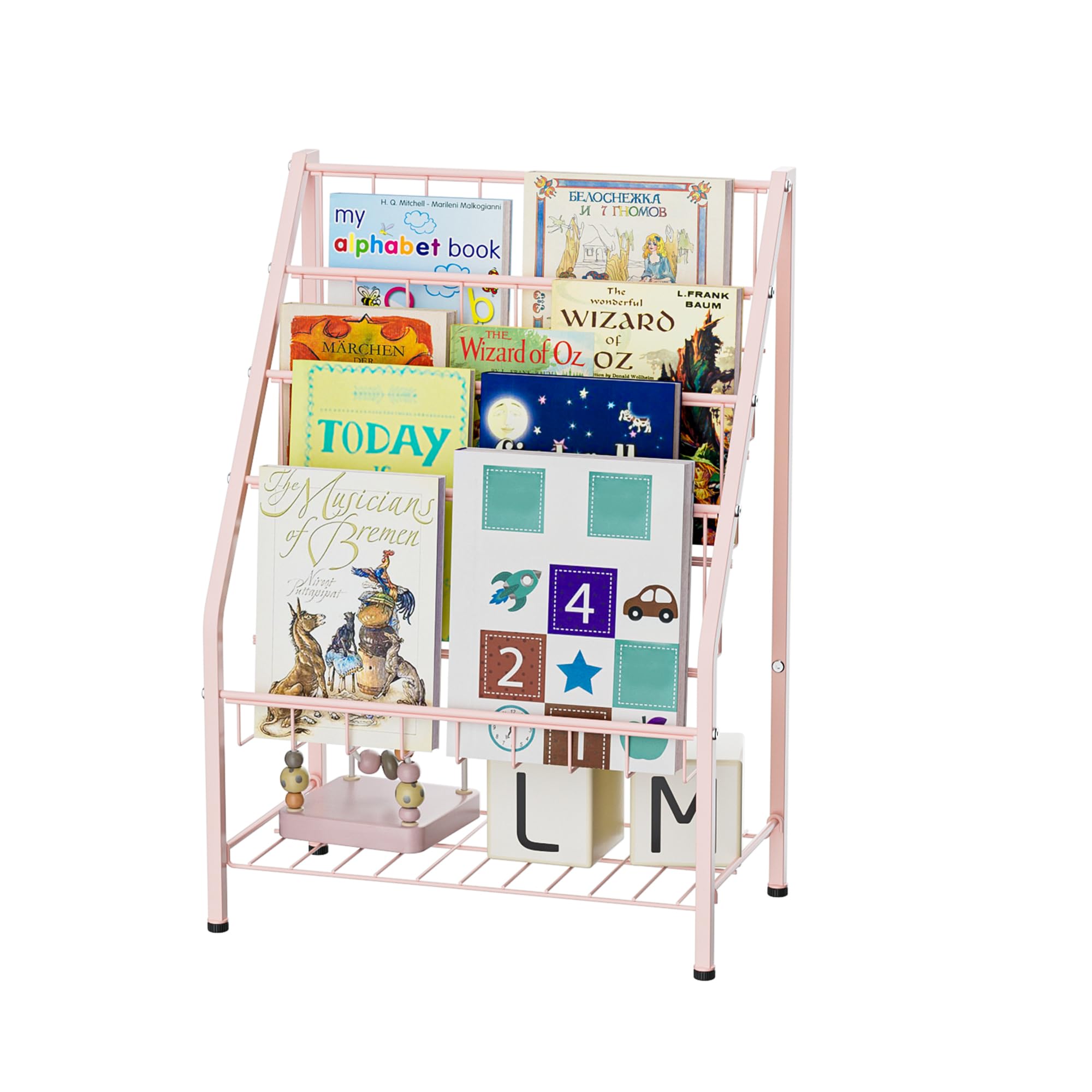 Bookshelf, 4-Tier Metal Child Bookshelves Rack with Toy Storage