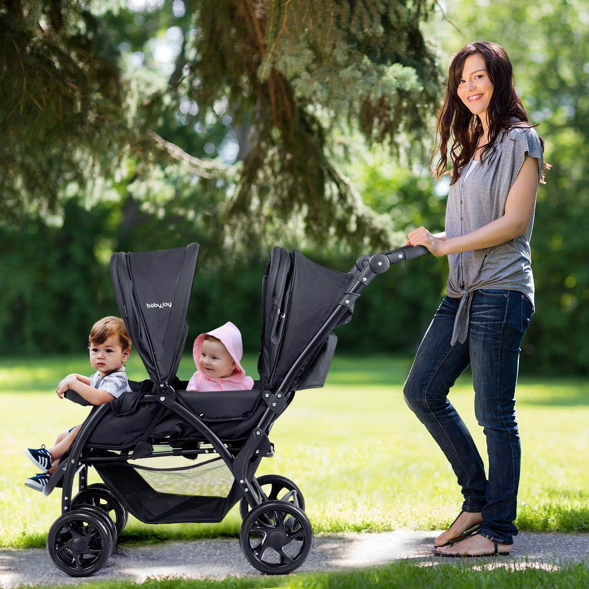 Double Stroller, Foldable Lightweight Twin Stroller with Tandem Seating