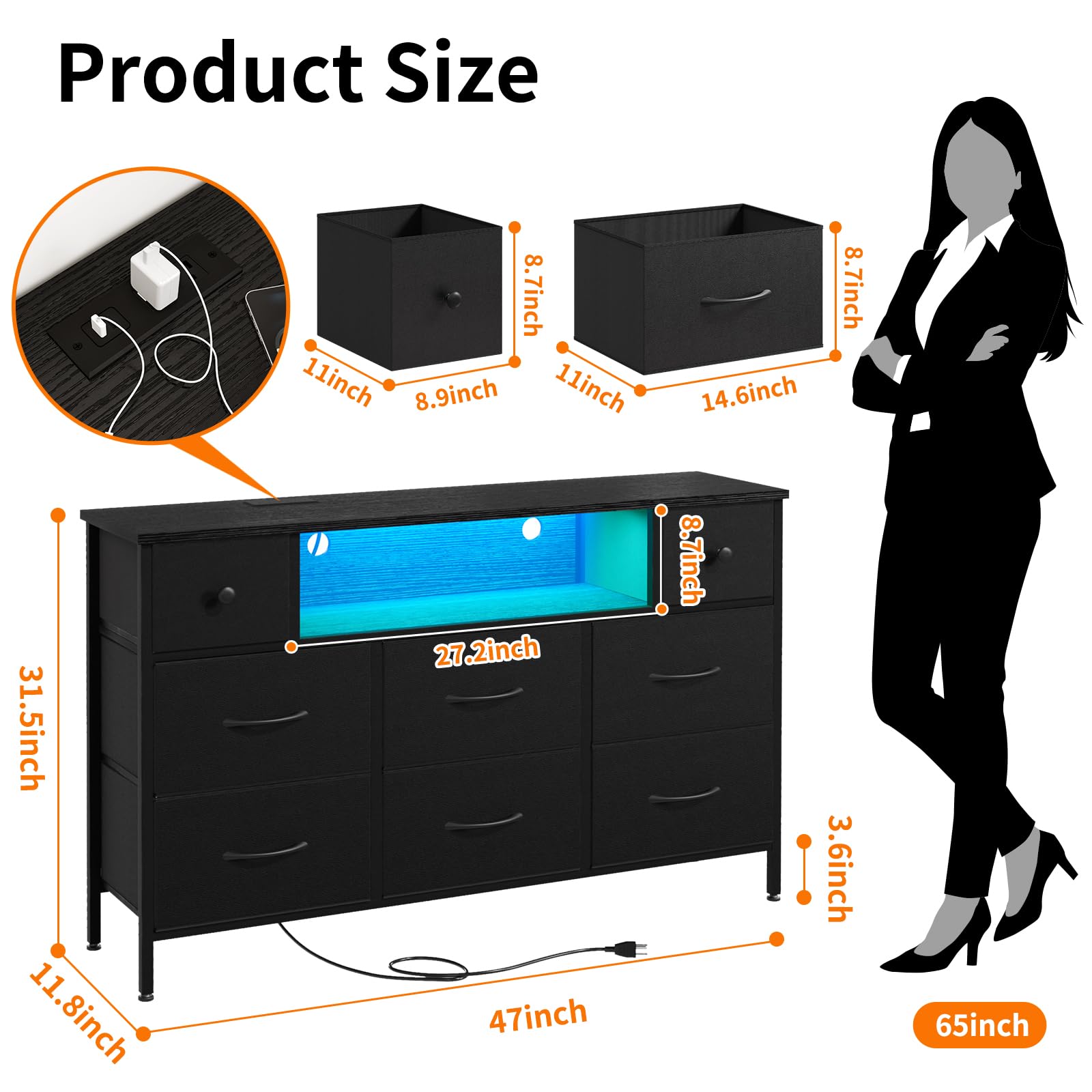 8-Drawer Dresser TV Stand with Charging Station and LED Lights