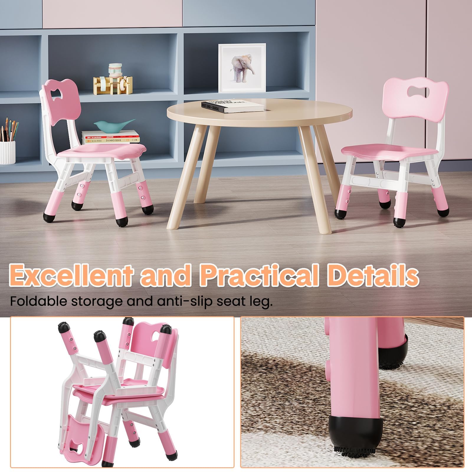 Adjustable Kids Chairs 3-Level Height with Non-Slip Pads