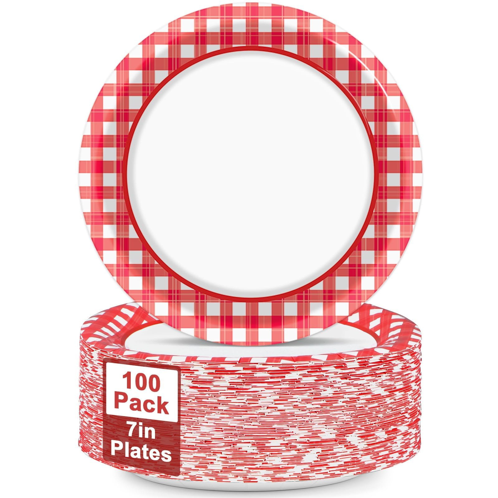 100pcs 7inch Red and White Plates Gingham Checkered Plaid Tableware Baby Shower