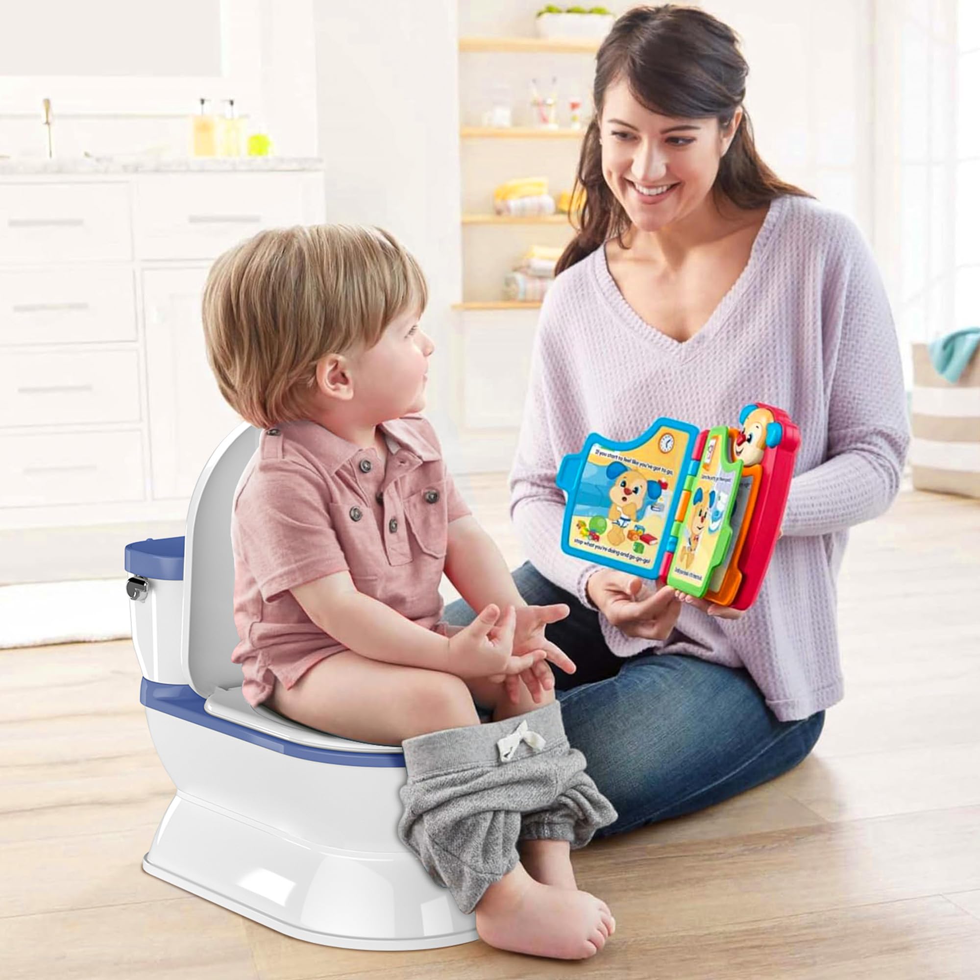 CheerTry 2-in-1 Toddler Potty Training Toilet - Larger Potty Chair & Detachable Training Seat for Boys & Girls Ages 1-3 with Flushing Sound, Wipes Storage, Toilet Paper Holder - Blue