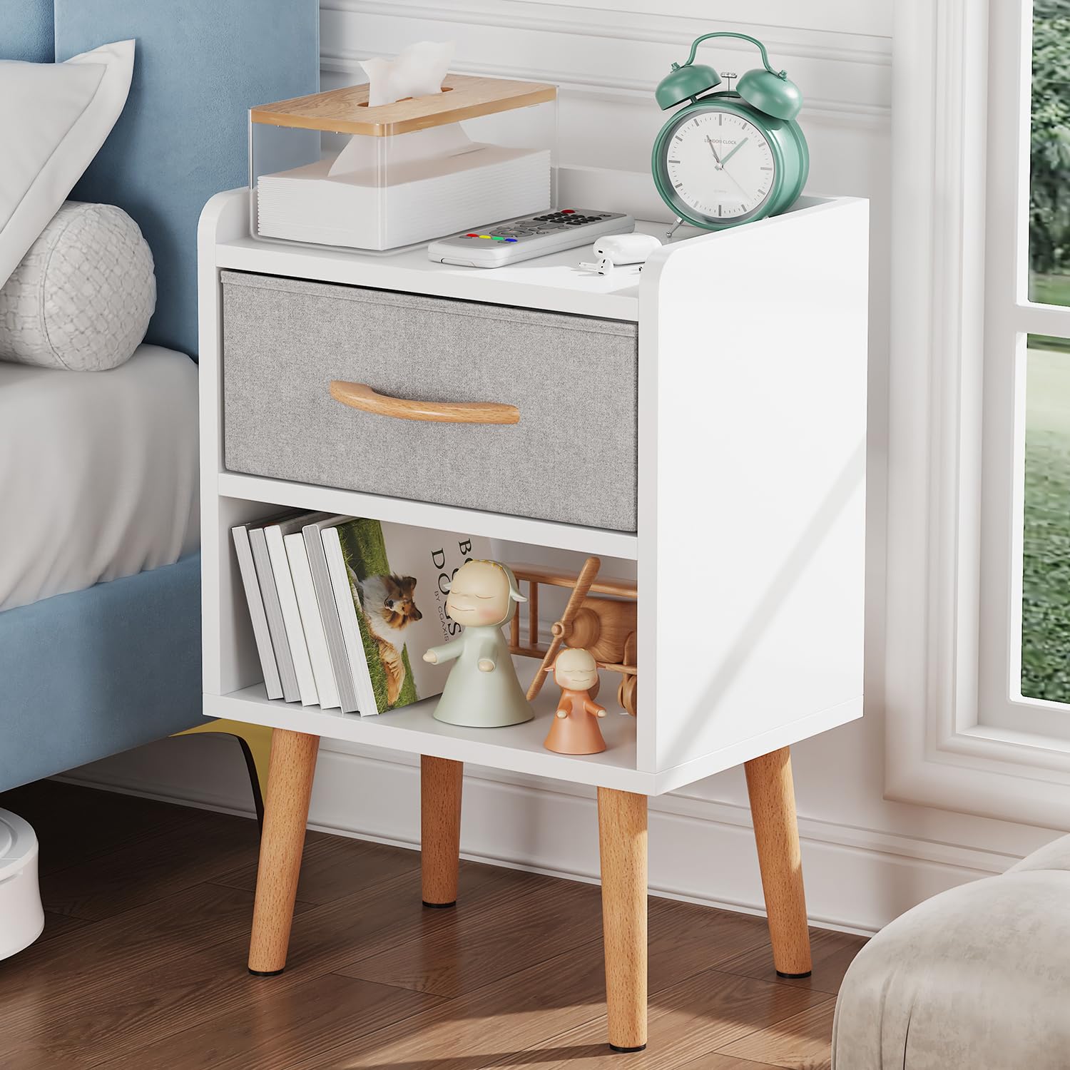 White Nightstand with Drawer Mid Century Modern Bedside Table