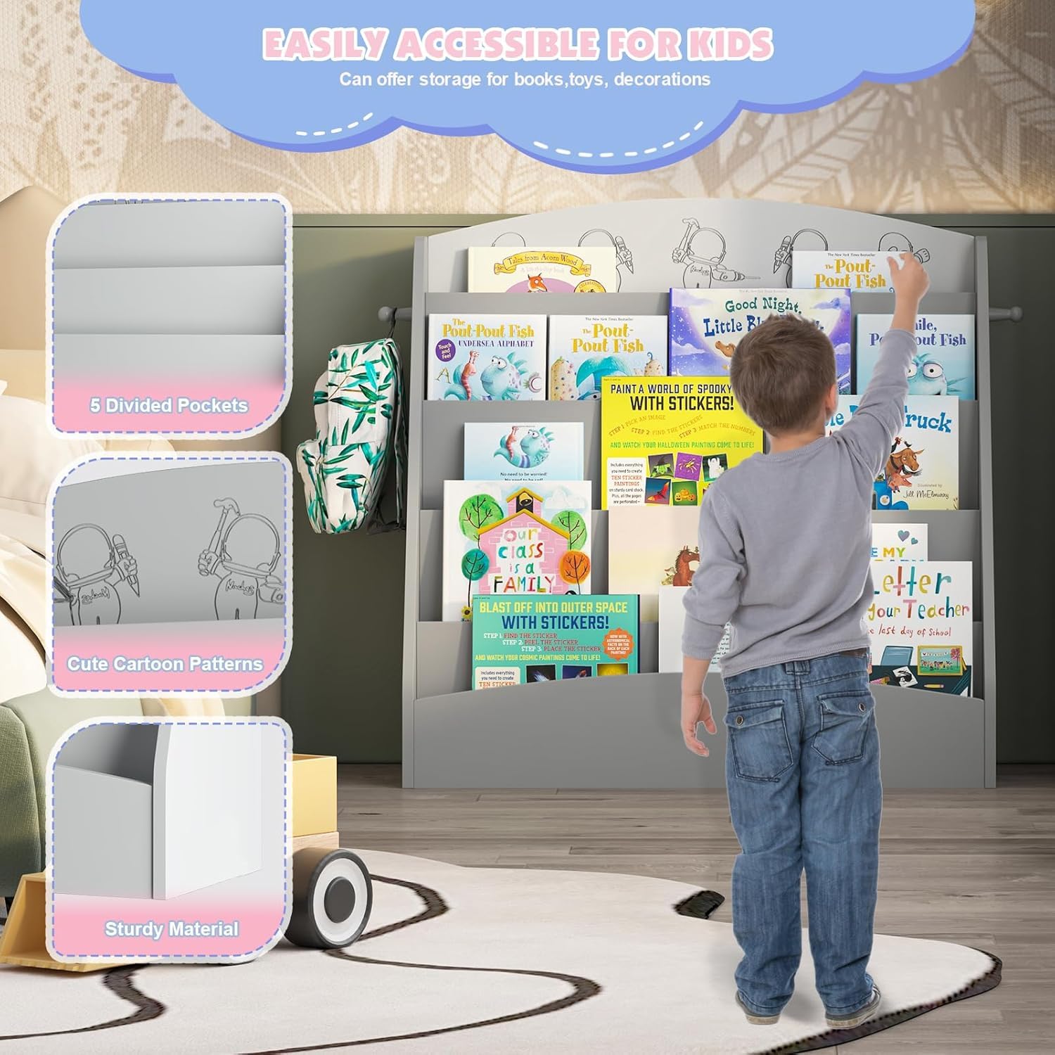 5-Tier Kids Bookshelf Montessori Toddler Book Rack
