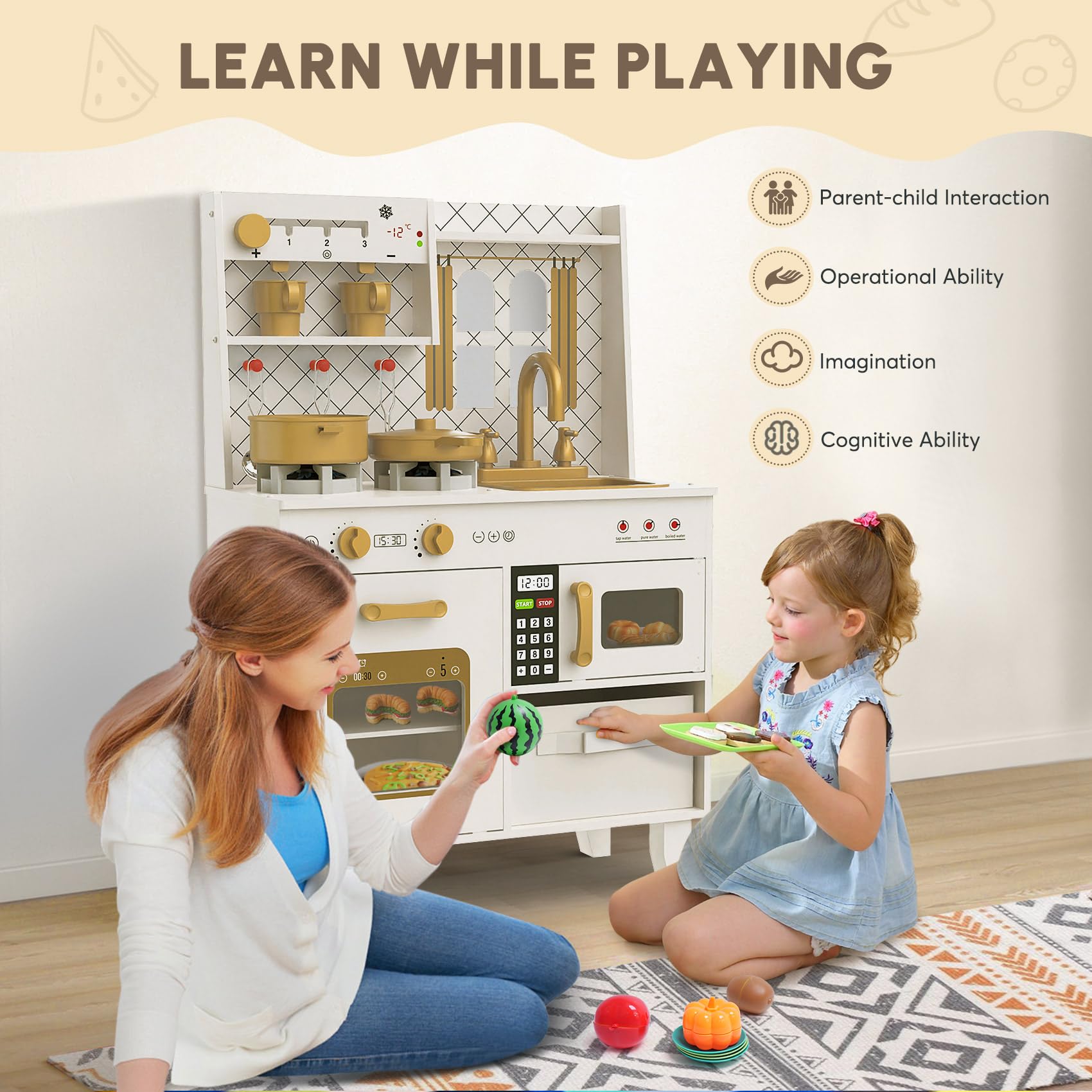 Wooden Play Kitchen with Lights and Sounds for Toddlers