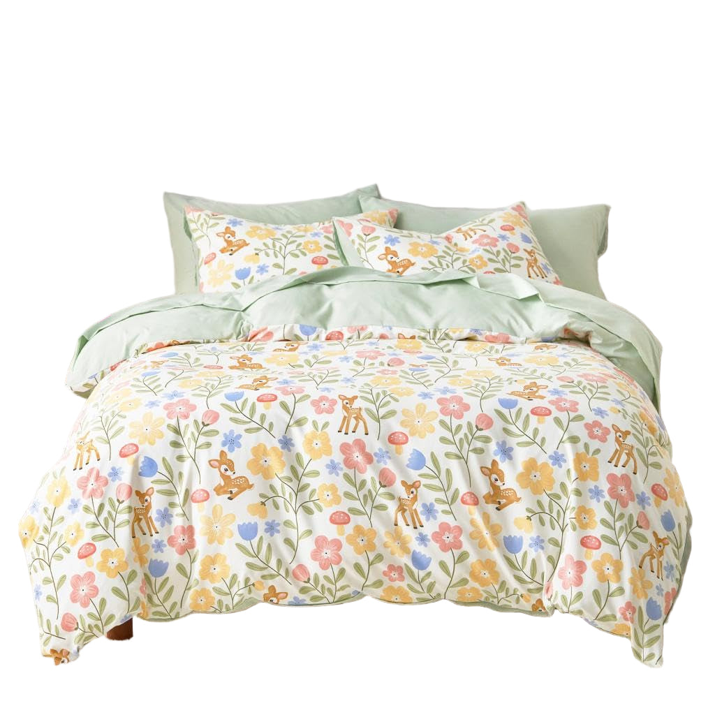 Floral Bedding Set for Girls, Cute Colorful Botanical Flowers Deers Patterned