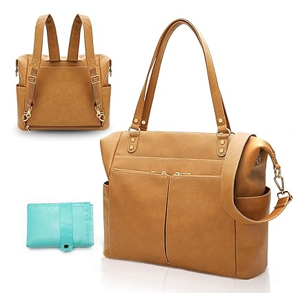 Diaper Bag Tote, 4 in 1 Leather Diaper Bag Backpack with 14 Pockets