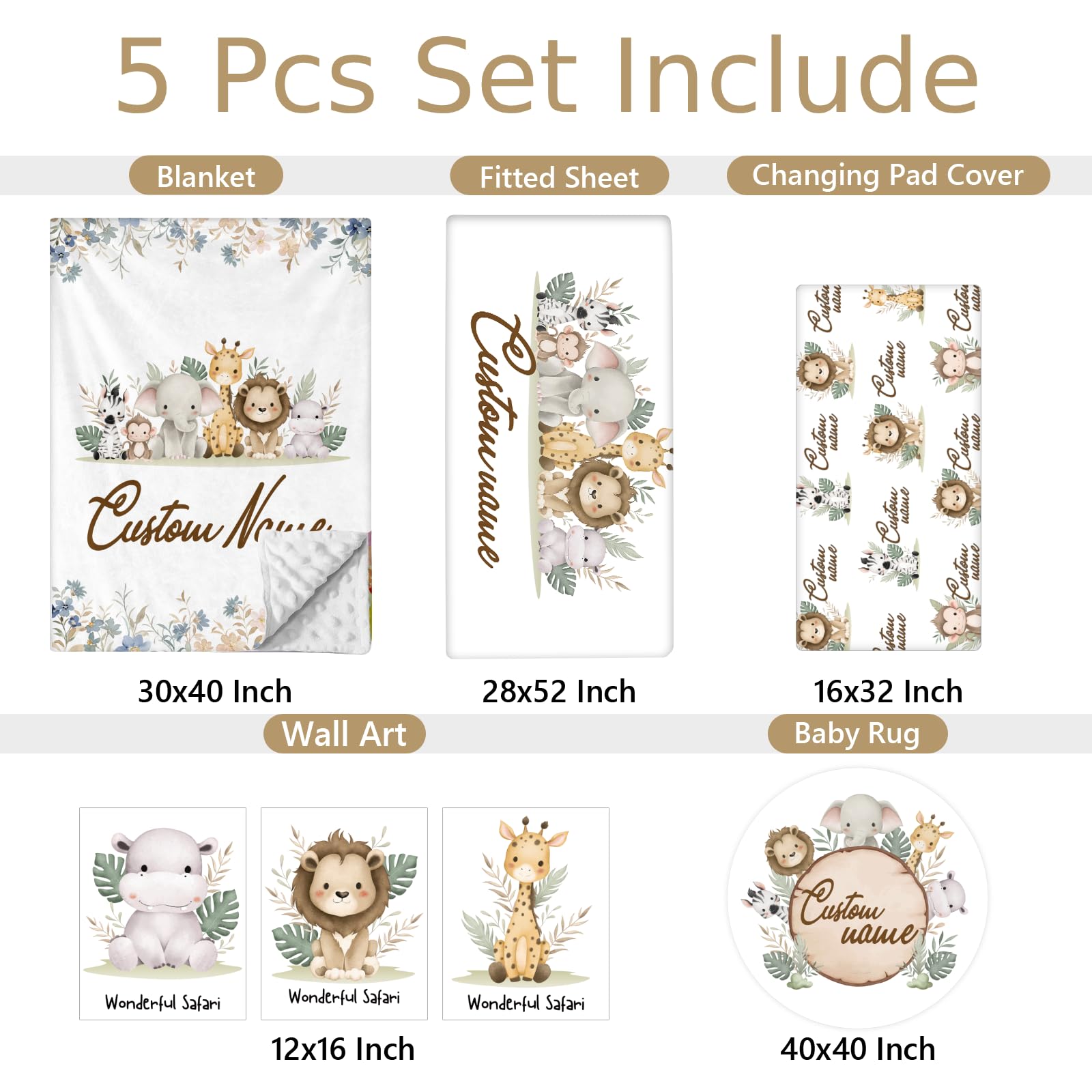 5-Piece Personalized Baby Crib Bedding Set - Animal Safari