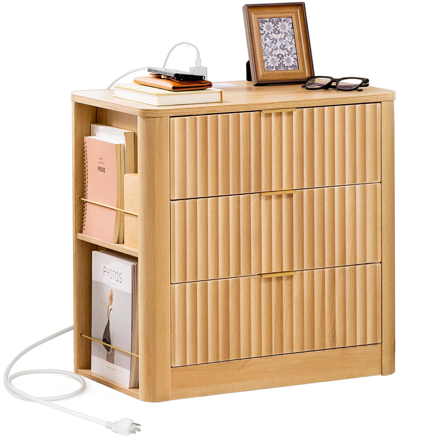 Fluted Nightstand with Charging Station and 3 Drawers