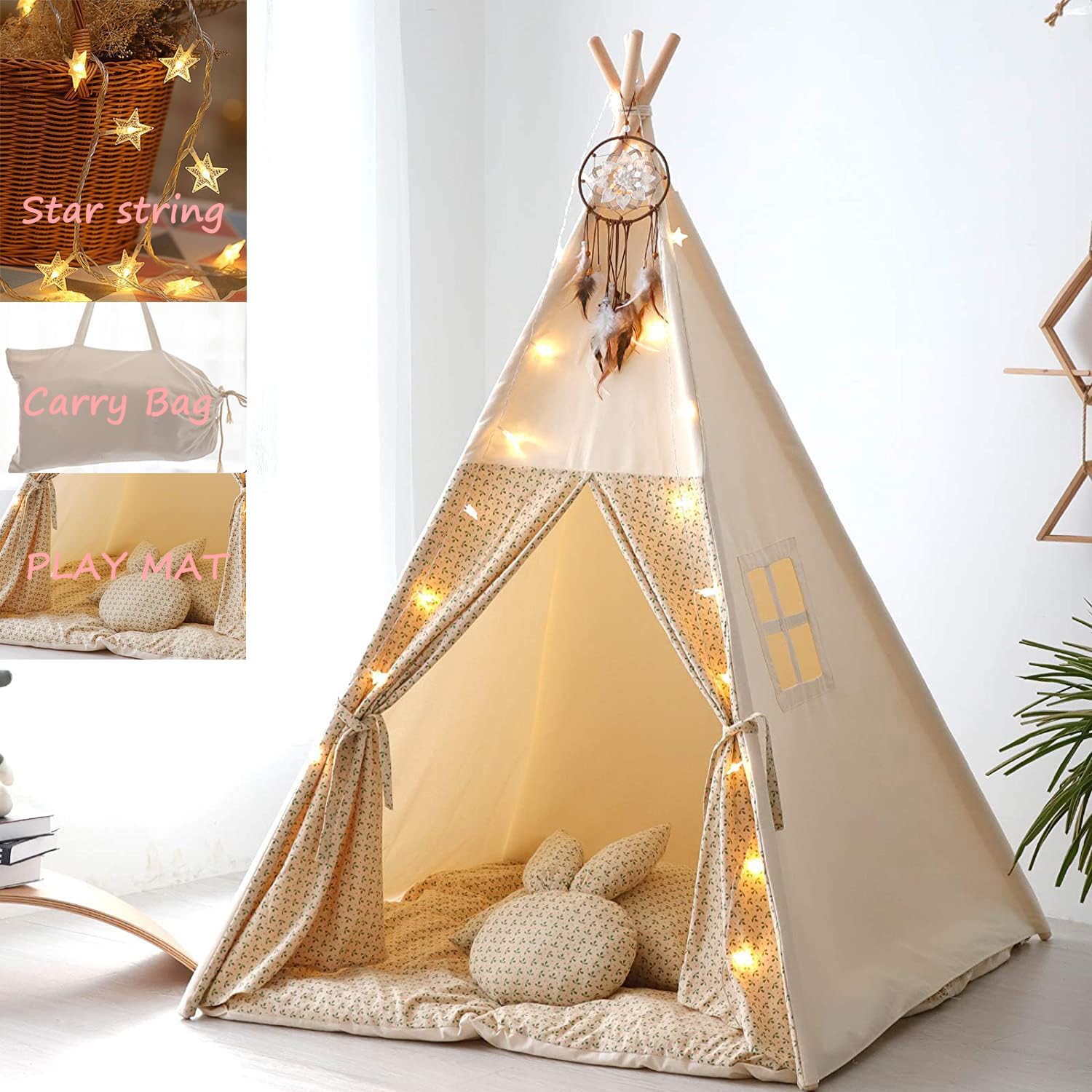 TreeBud Teepee Tent for Kids with Mat,Foldable Play Tents for Girl and Boy with Carrybag,Canvas Tipi Playhouse for Children Indoor Outdoor(Beige & Mat)