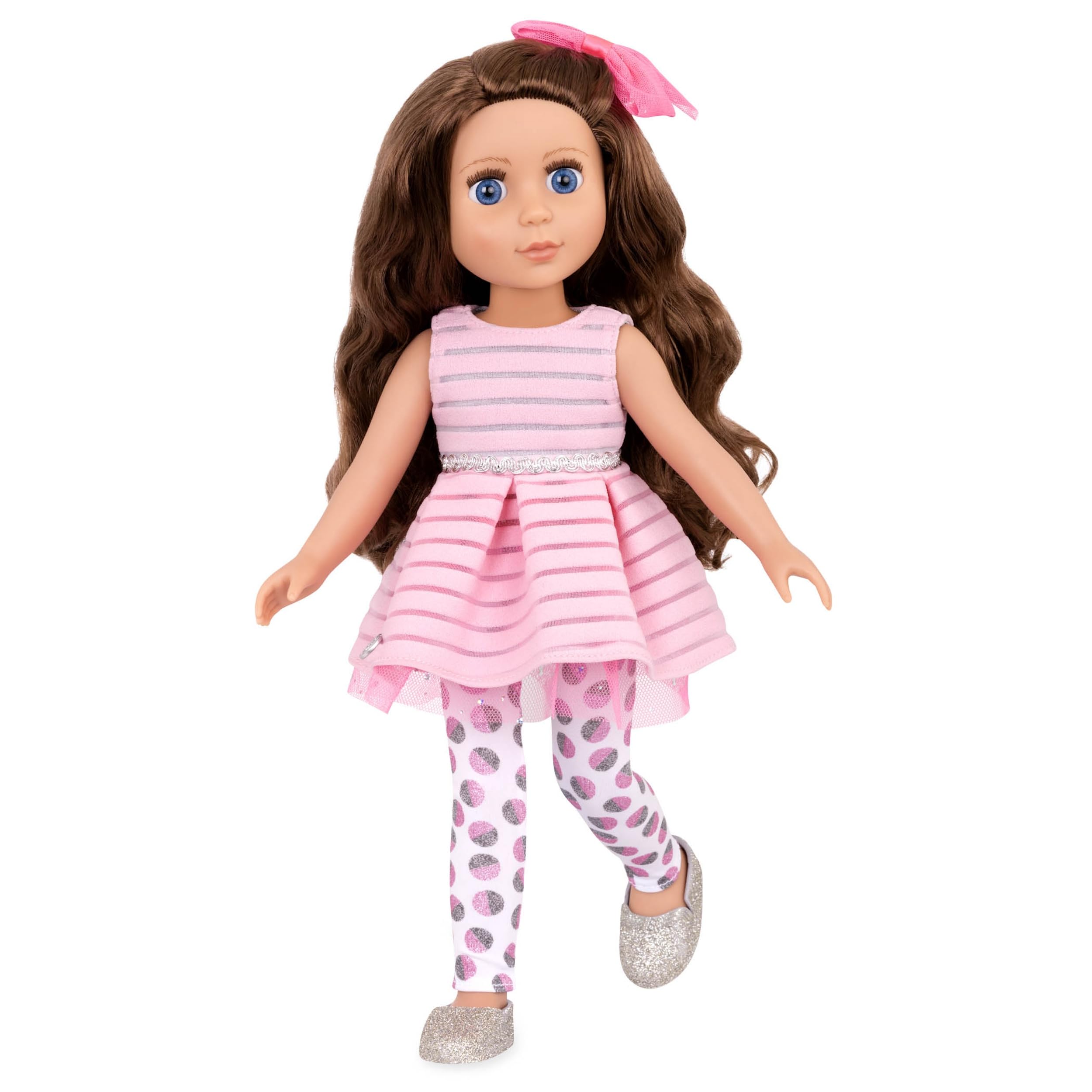 14-Inch Fashion Doll – Brown Hair & Blue Eyes – Pink Dress, Glittery Shoes & Hairbow