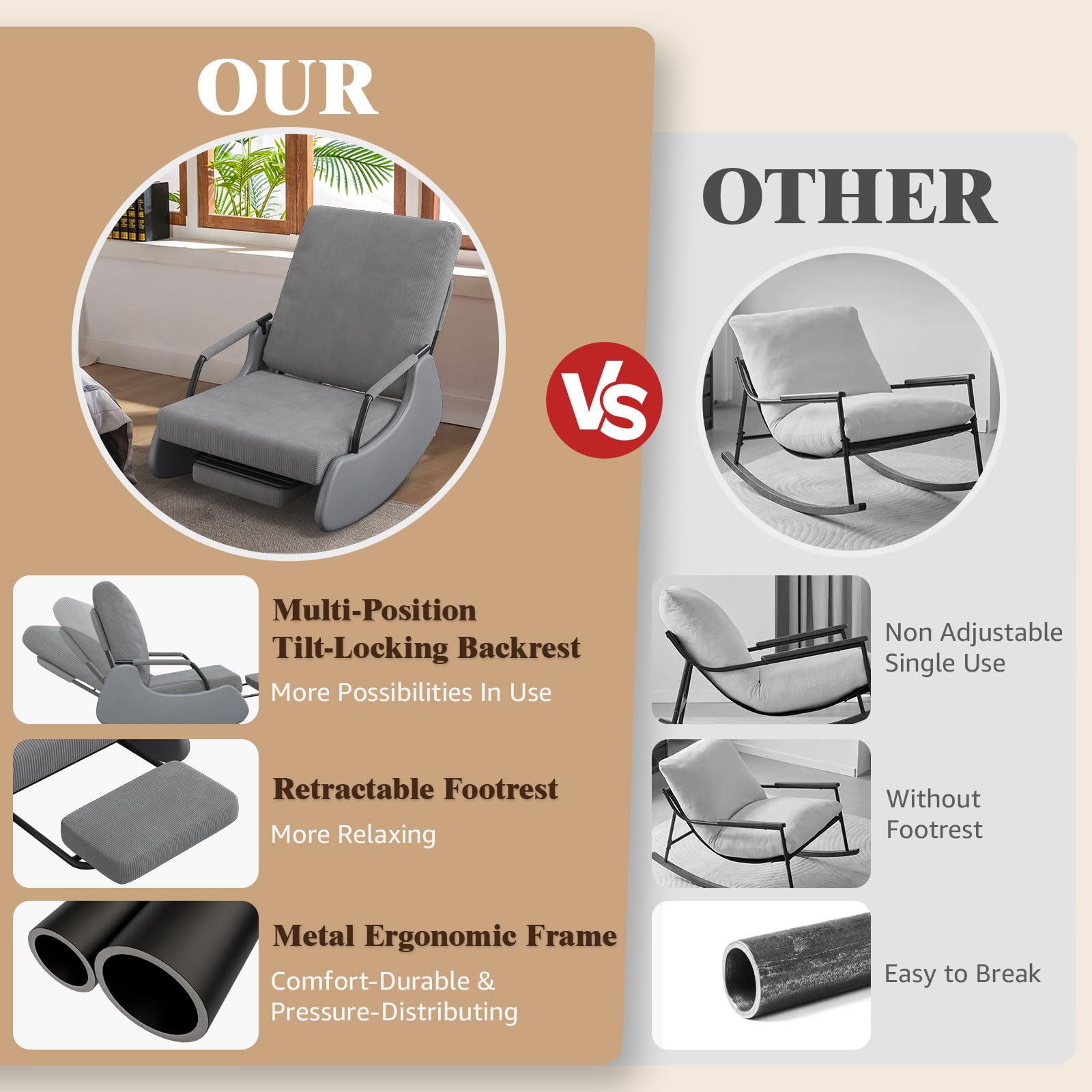 Upholstered Recliner Rocking Chair with Adjustable Backrest and Footrest