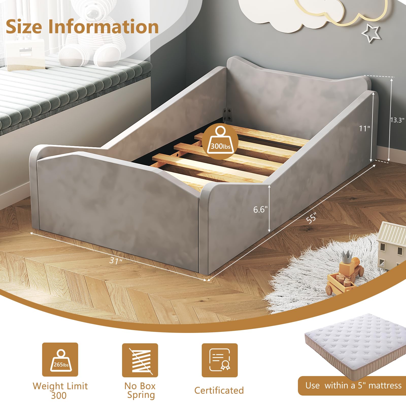 Toddler Floor Bed with Safety Guardrails and Animal Ear Design