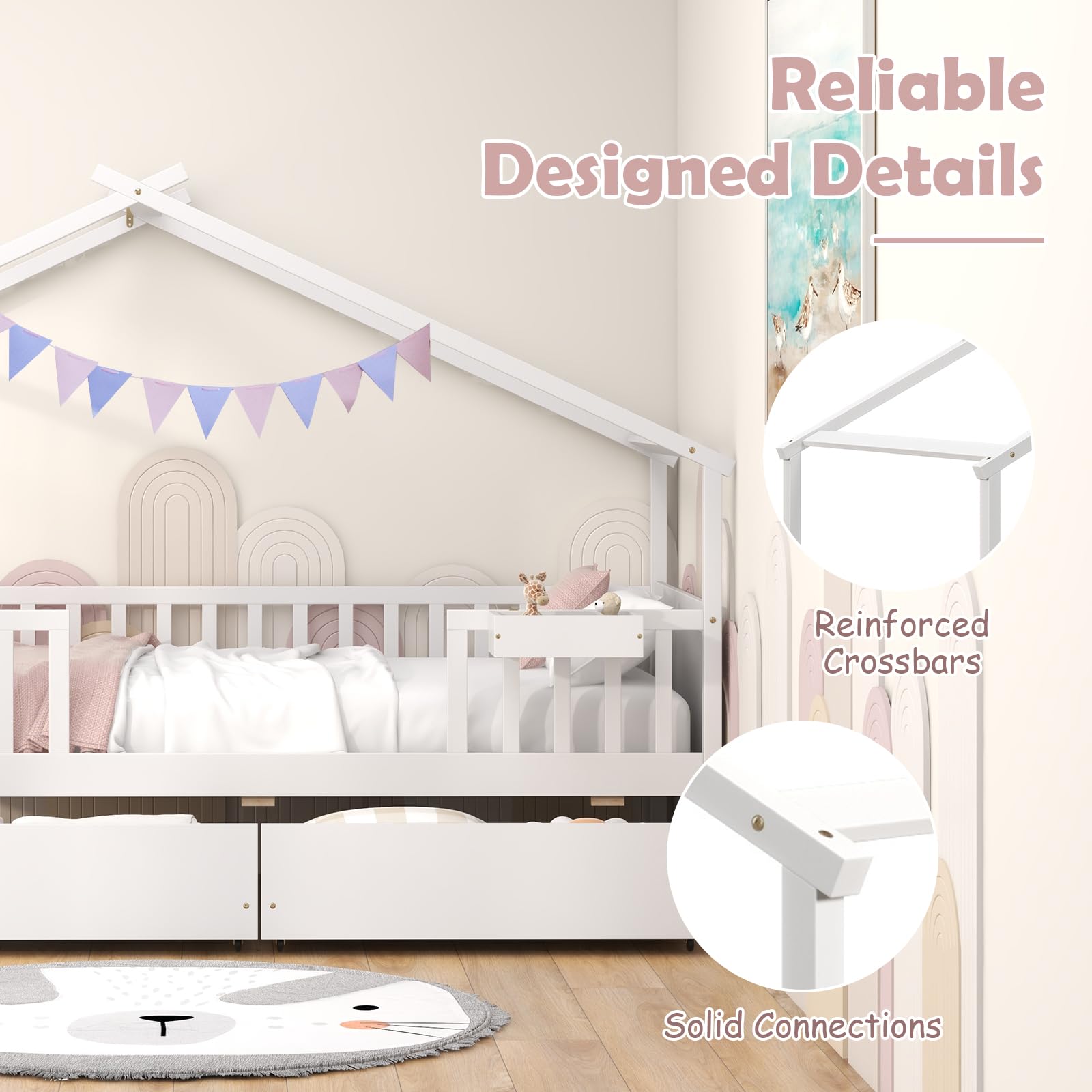 Twin House Bed with Storage Drawers and Fence Rails