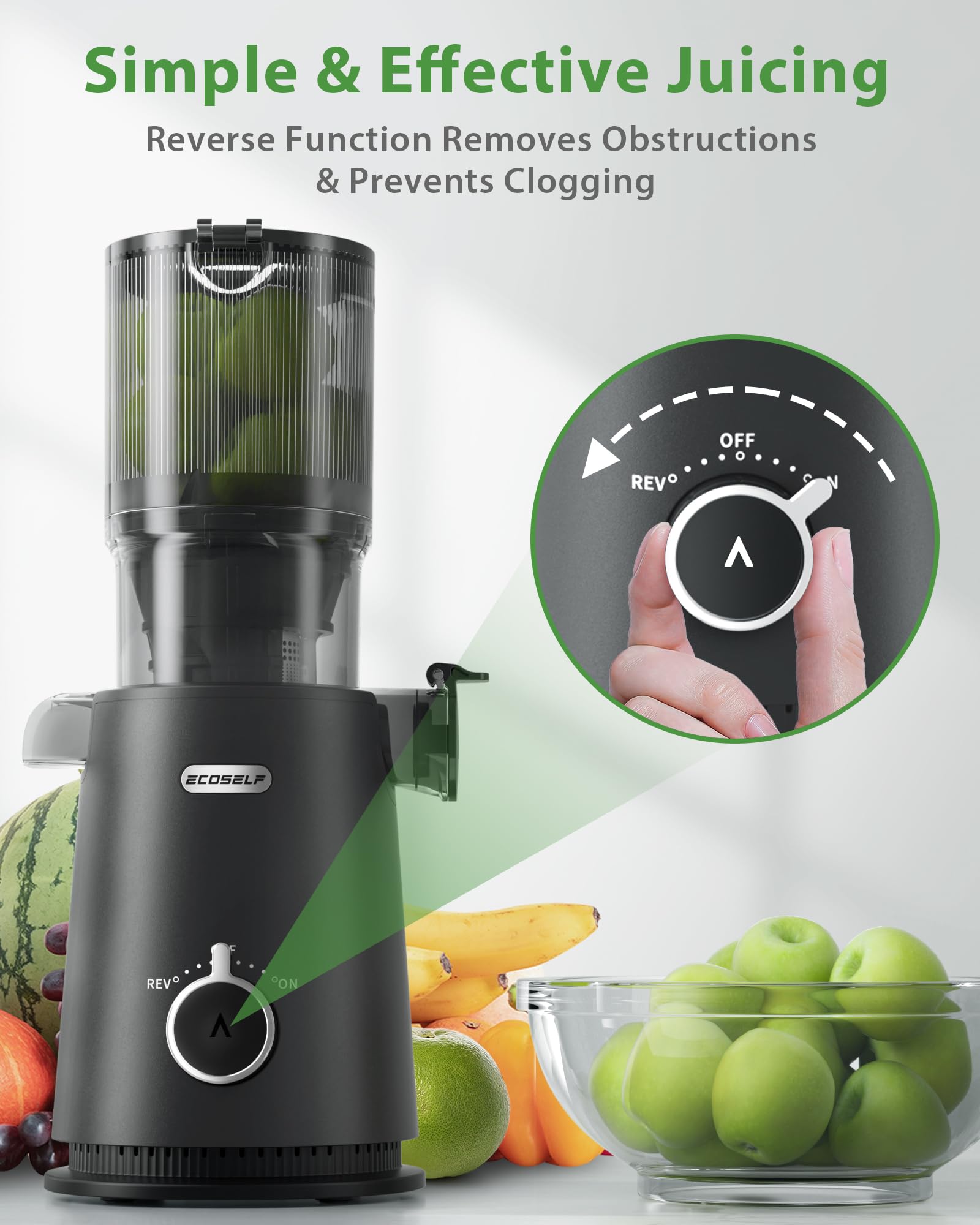 ECOSELF Juicer Machines with Wide Mouth & Large Feed Chute, Professional Cold Press Juicer For Whole Fruits & Vegetables, Self Feeding for Juice Extractor Machine, Easy to Clean, High Juice Yield