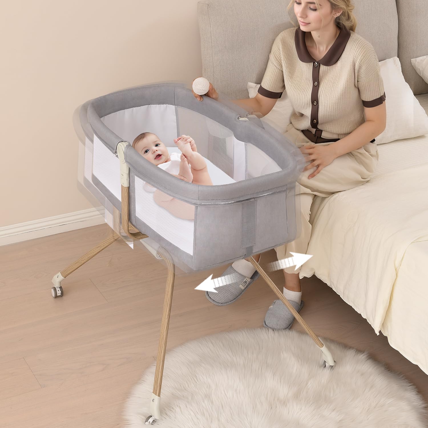Bedside Crib, 3 in 1 Bassinet with Quick Height Adjustment and Mosquito Nets Rocking