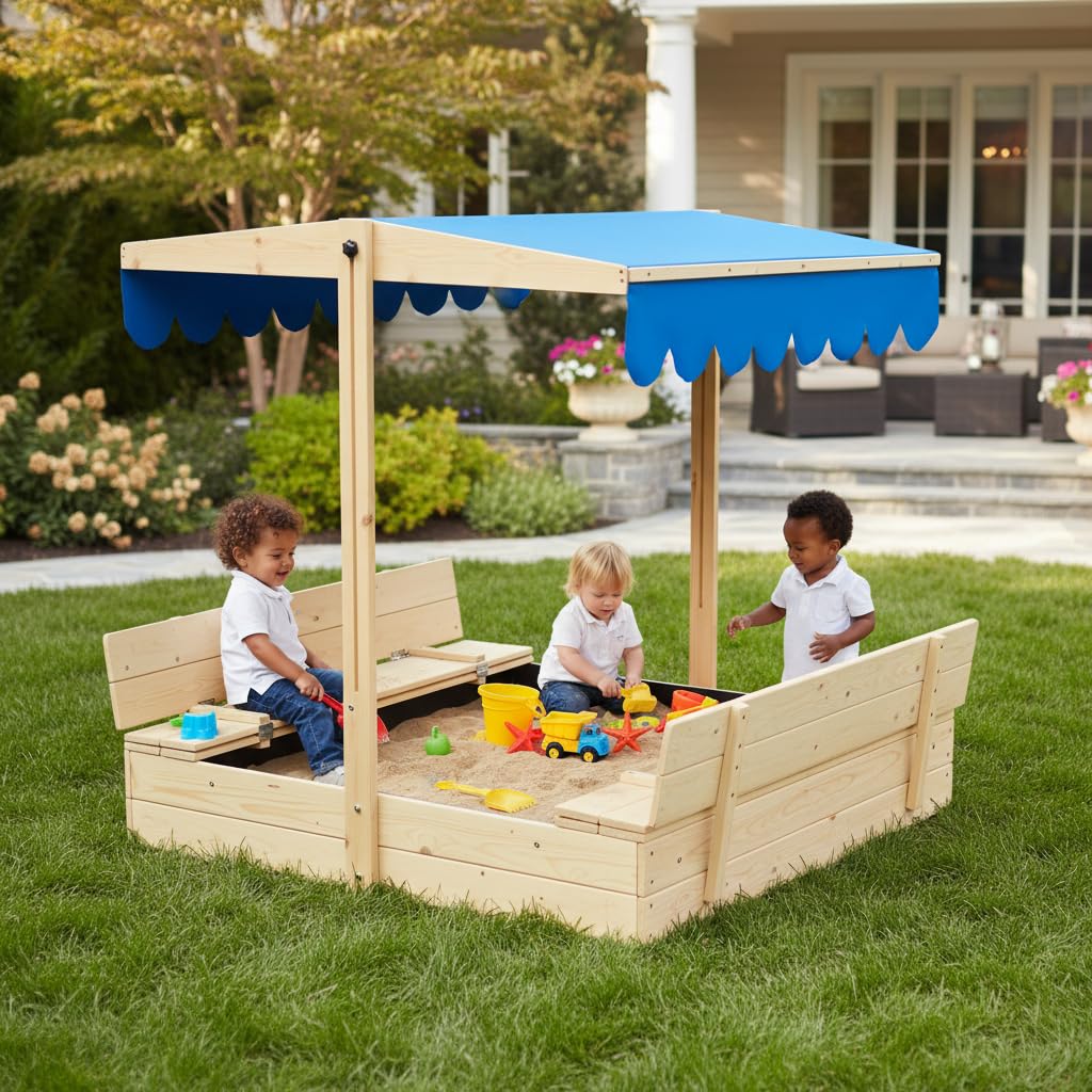 Wooden Sandbox with Canopy and Bench Seats