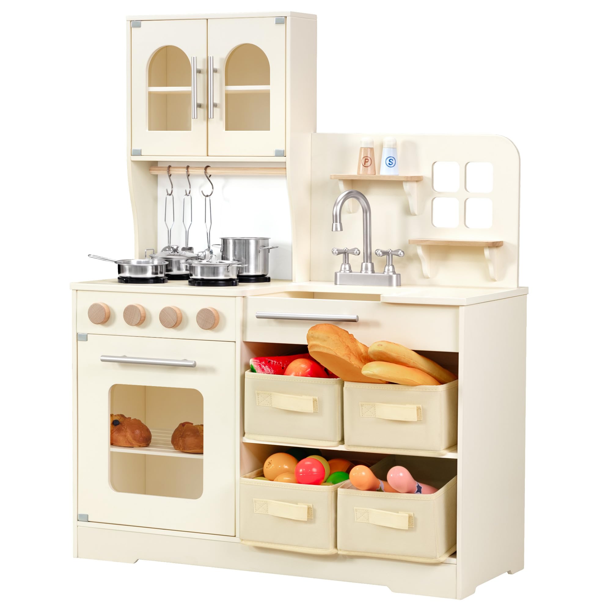PHGLL Play Kitchen for Kids Wooden Toy Playset with Storage System, Chef Pretend Play Set with Oven, Utensils, Cupboard, Sink, Clicking Knobs, Toddler Kitchen Play for Ages 3+