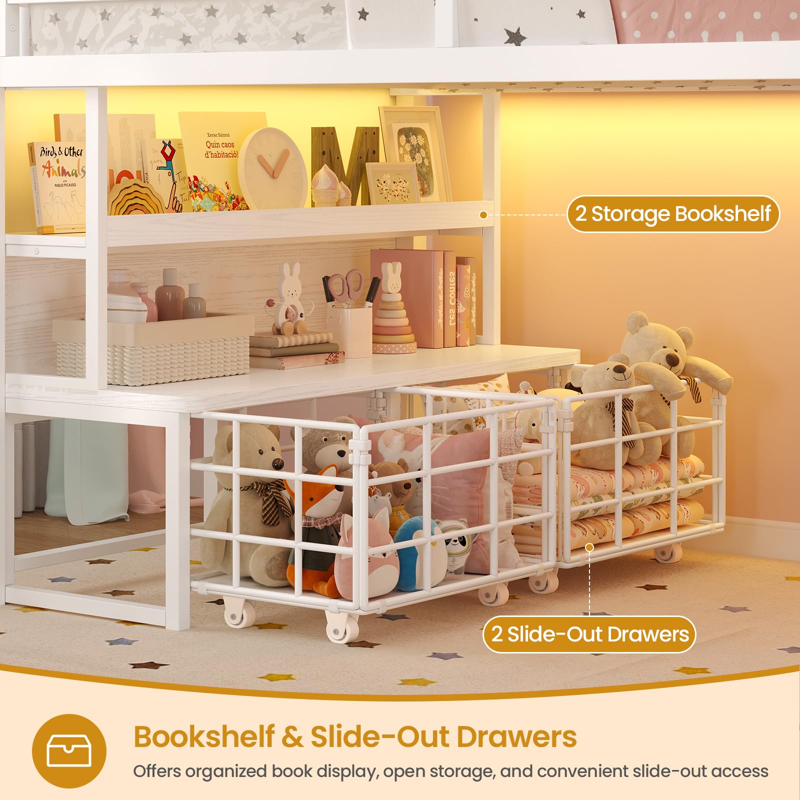 Twin Loft Bed with Storage Drawers and LED Lights