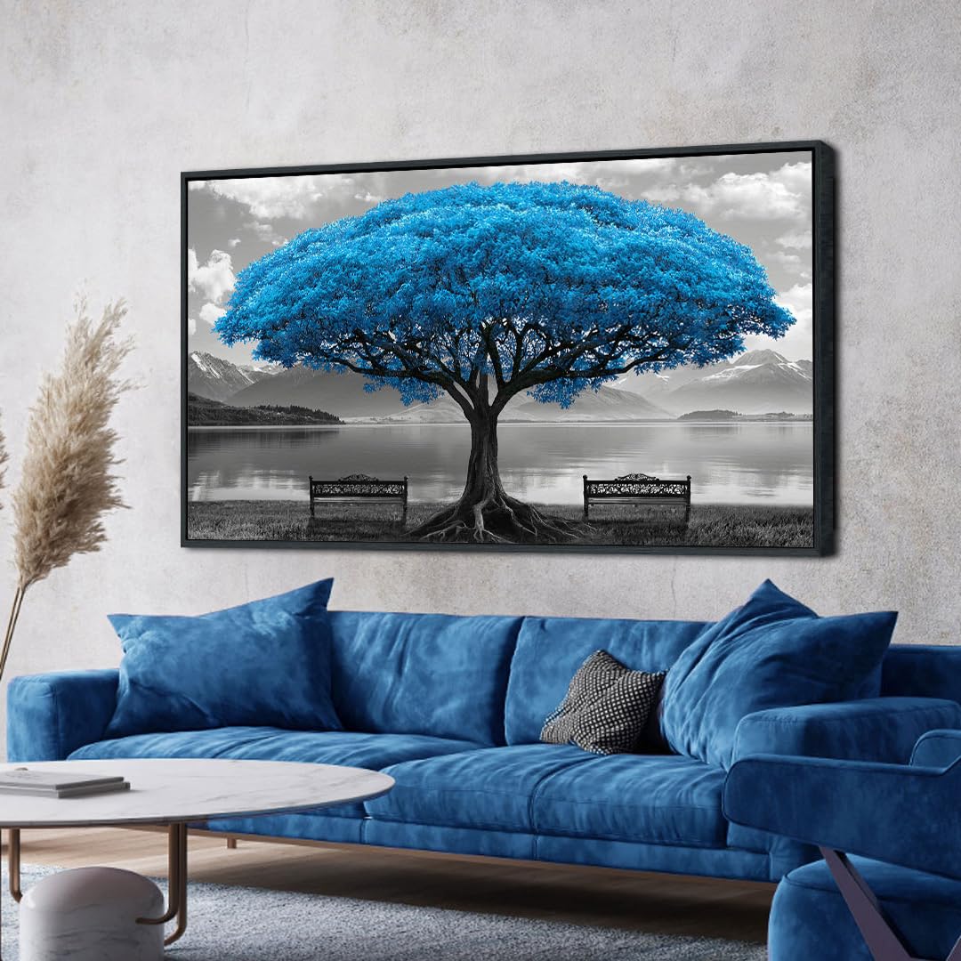Blue Tree Framed Canvas Wall Art Large Living Room Bedroom Decor