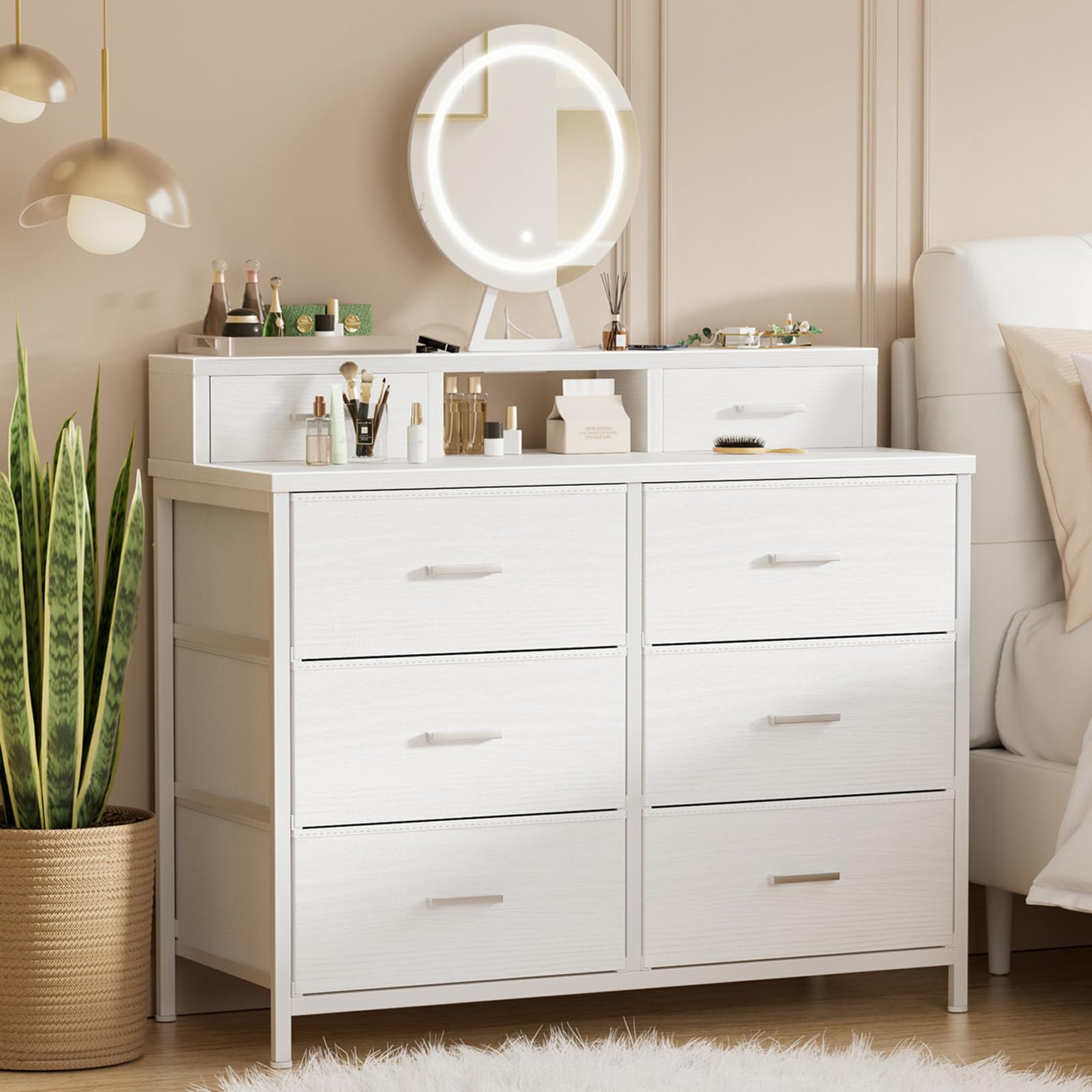 6 Drawer Fabric Dresser with Lighted Mirror and Charging Station