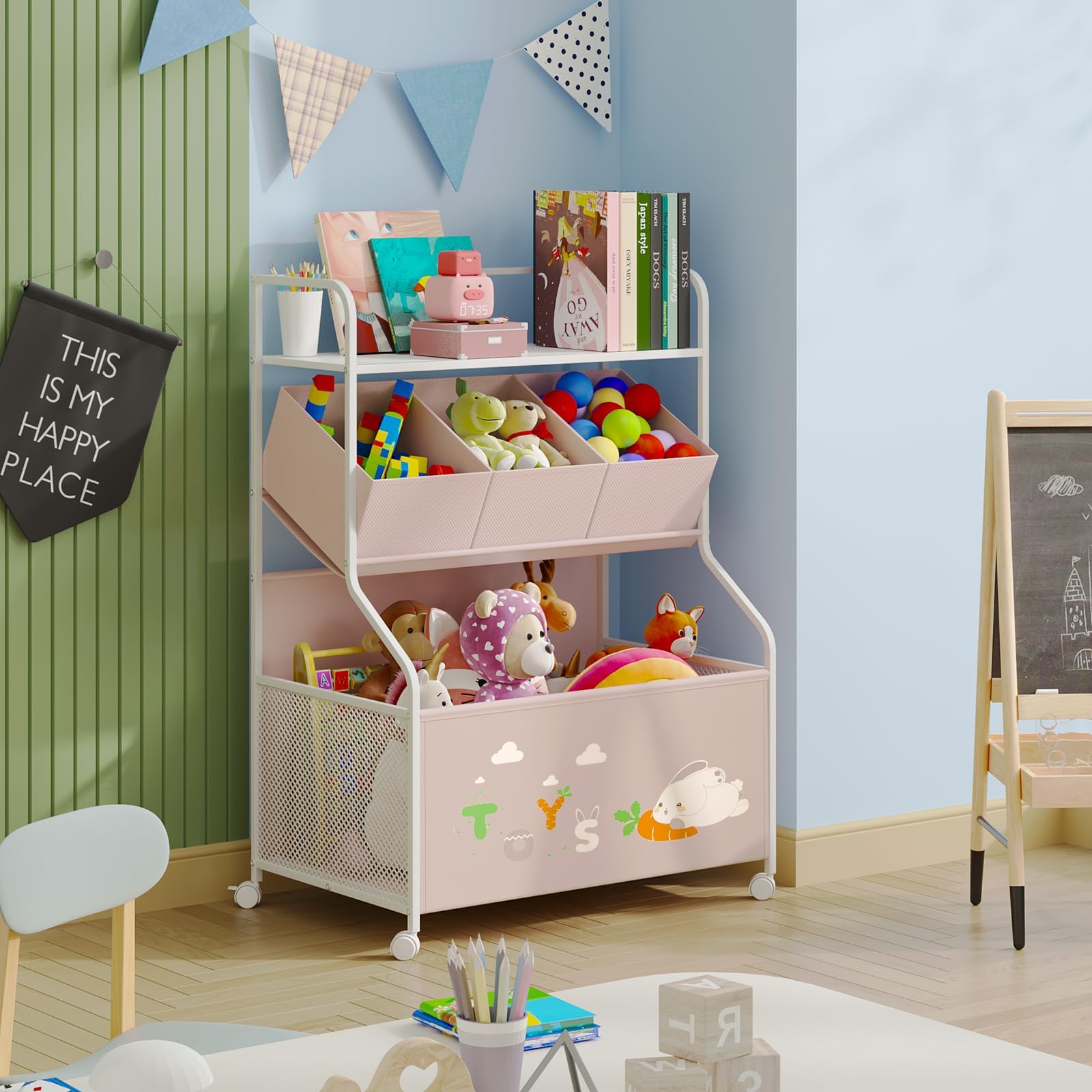 3-Tier Toy Storage Organizer with Wheels and Bookshelf