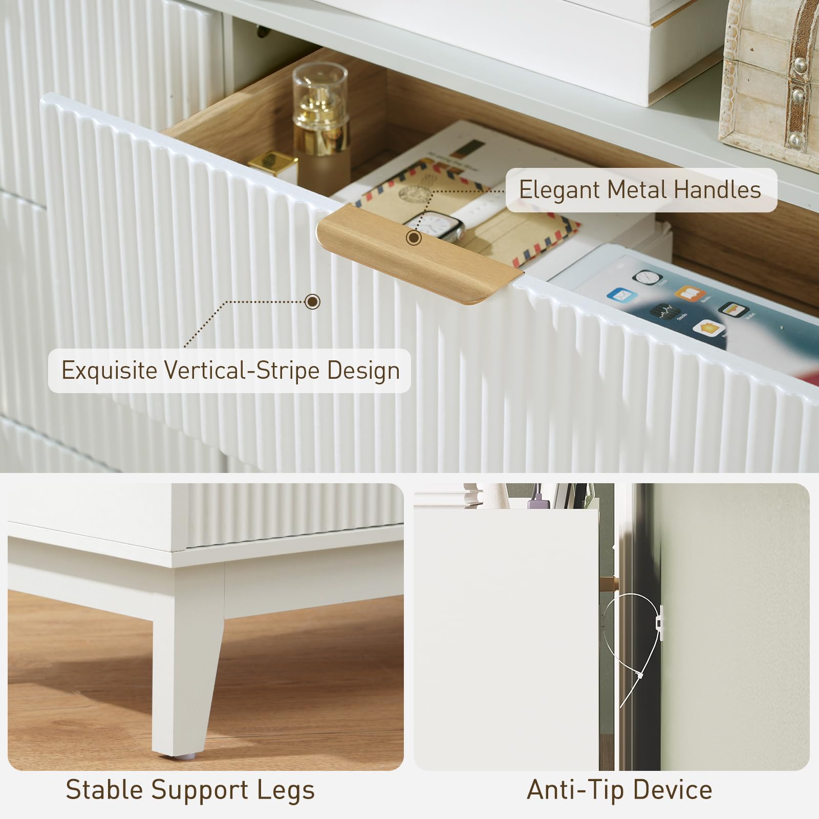 Fluted 6-Drawer Dresser with Charging Station