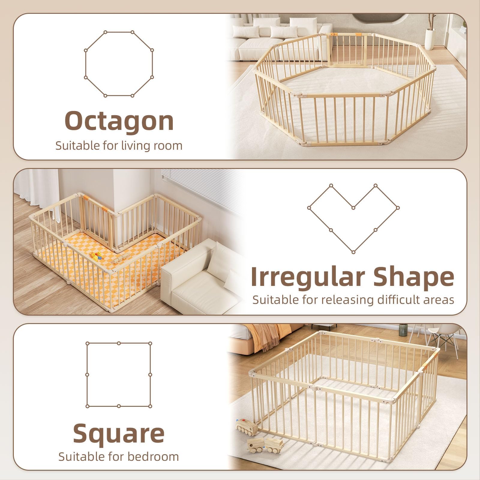 Wooden Baby Playpen with Gate 8 Panels