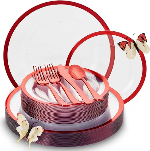 150 Pc Clear Rose Gold Party Plates and Utensils Set – Fancy Disposable