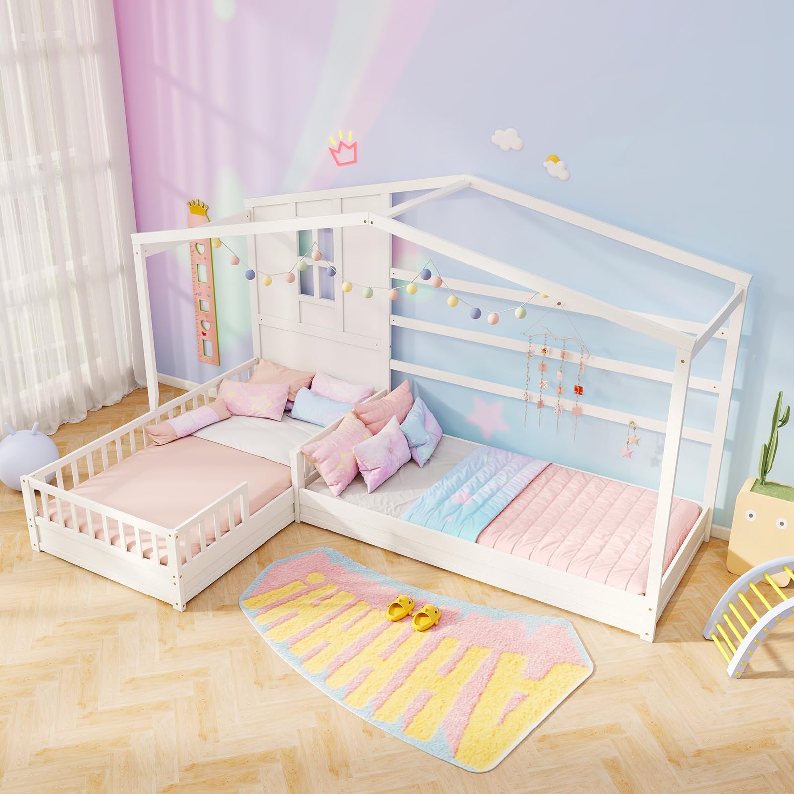MAT EXPERT L Shaped Twin Beds for 2 Kids, Wooden House Platform Bed w/Window & Roof, Fence & Slats, Corner Montessori Bed Frame for Boys Girls Teens, Dorm Bedroom, No Box Spring Needed (White)