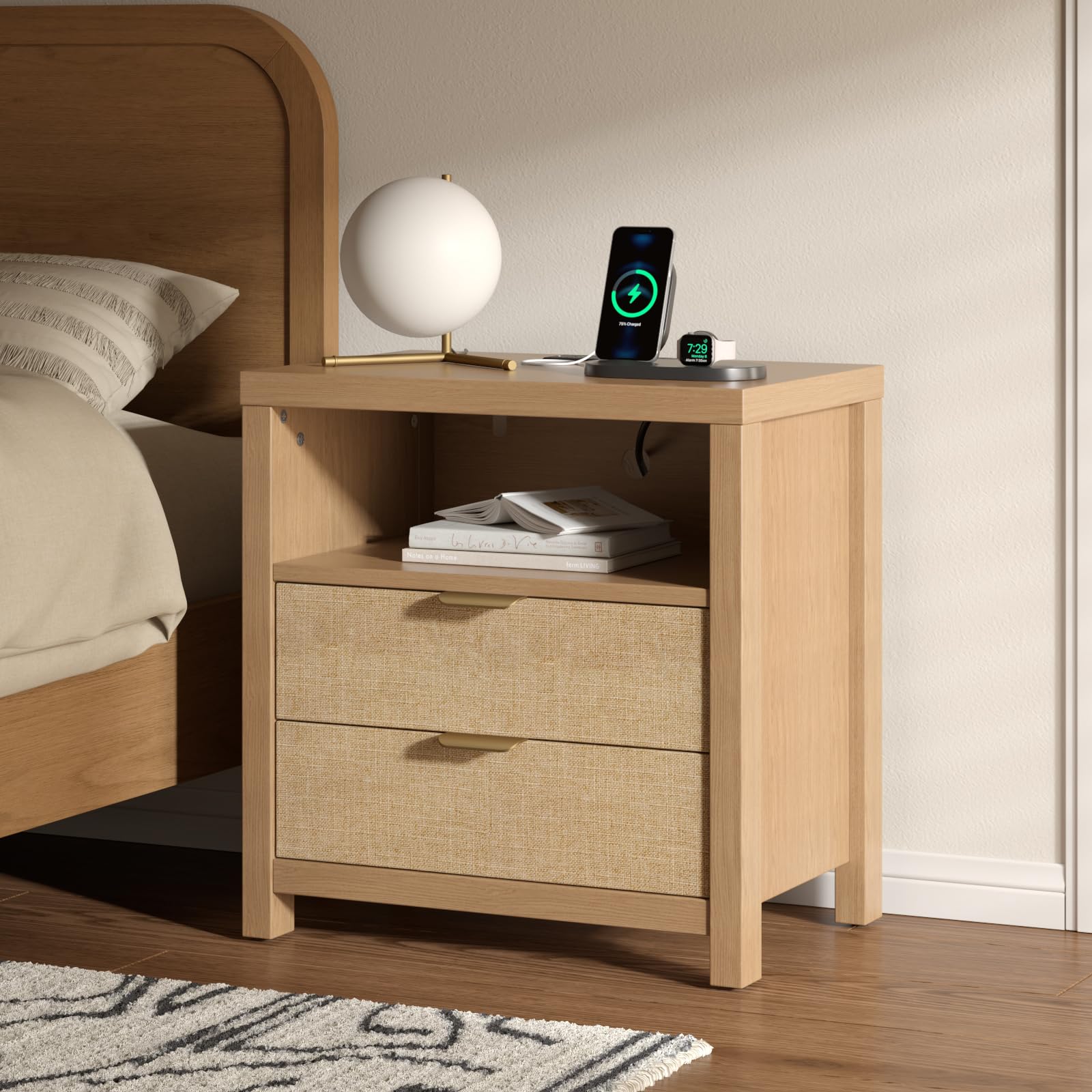 Rattan Nightstand with Charging Station and Storage Drawers