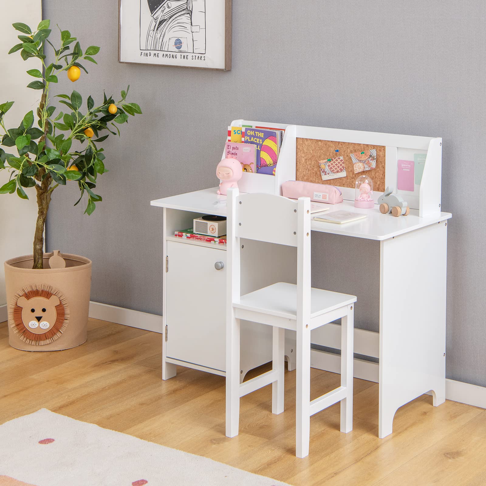 Kids Desk and Chair Set with Storage Hutch and Bulletin Board