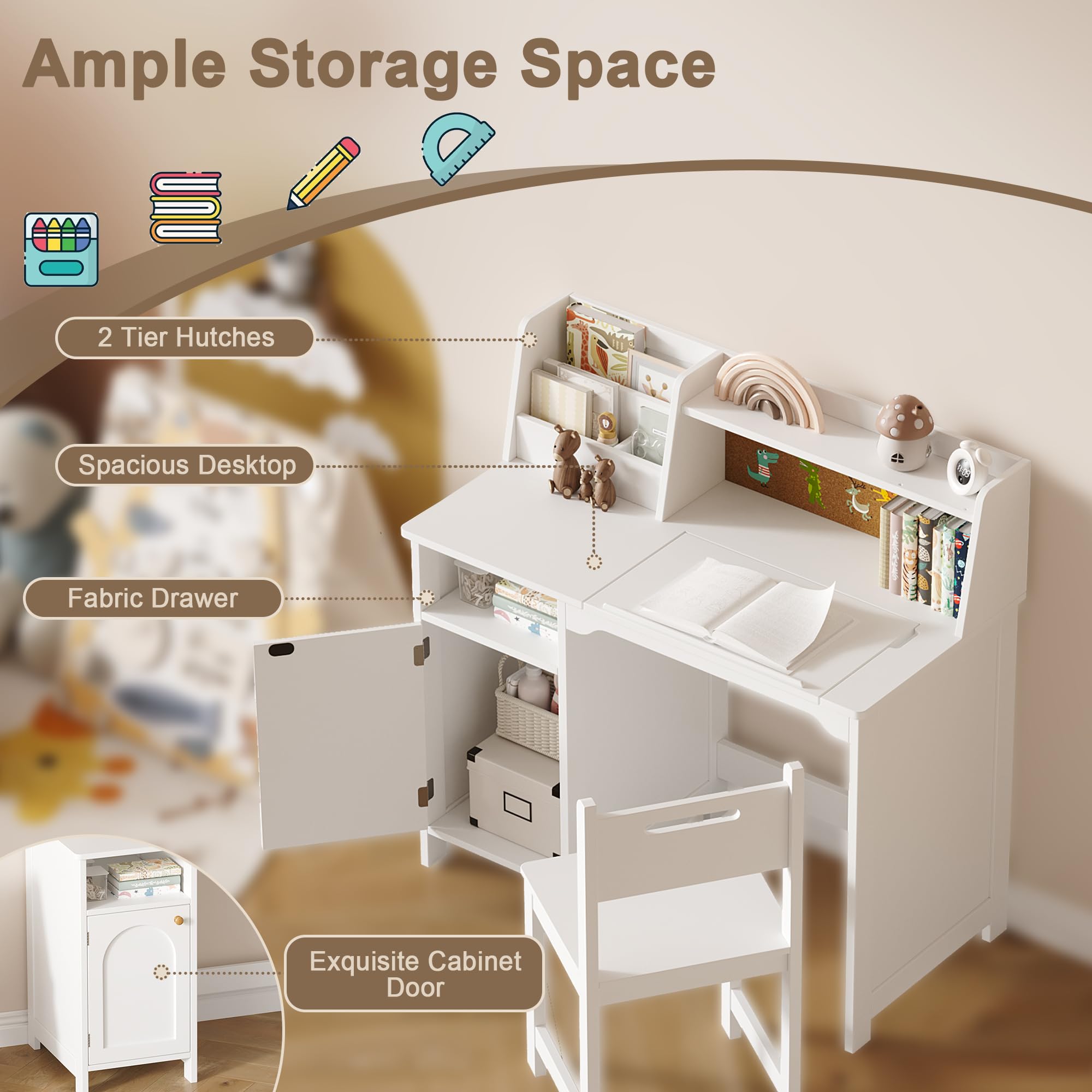 Kids Study Desk and Chair Set with Hutch and Storage