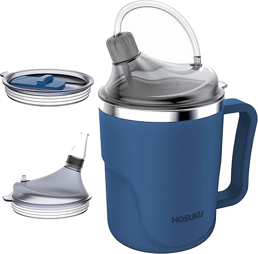 Spill-Proof Cup for Elderly, 13.5oz Stainless Steel Sippy Cup with Straw