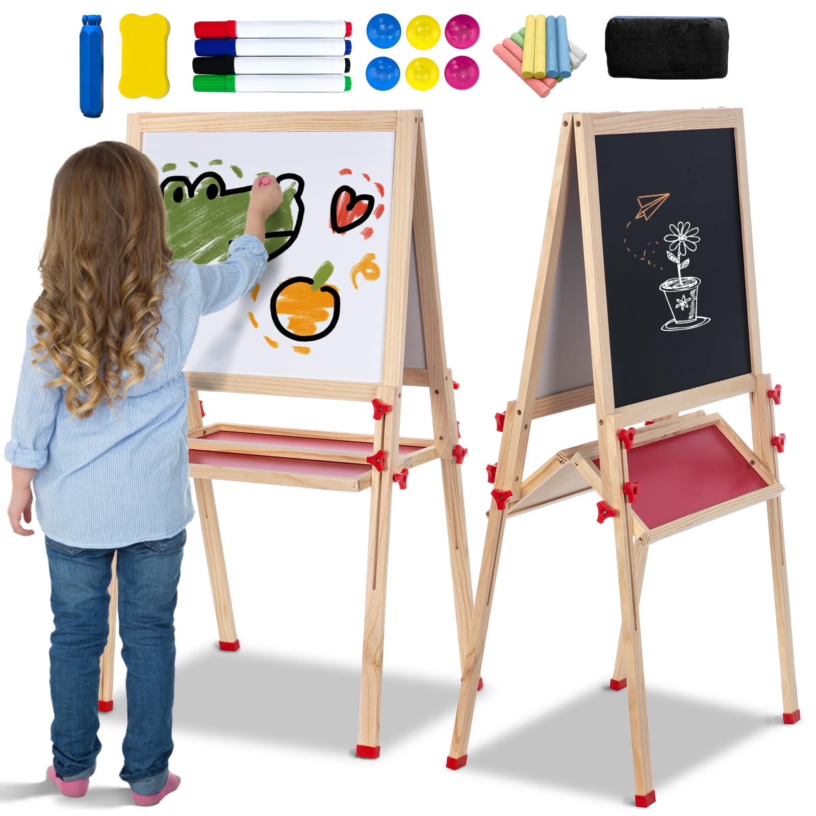 Easel for Kids, Foldable Wooden Art Easel Adjustable Height Chalkboard & Magnetic