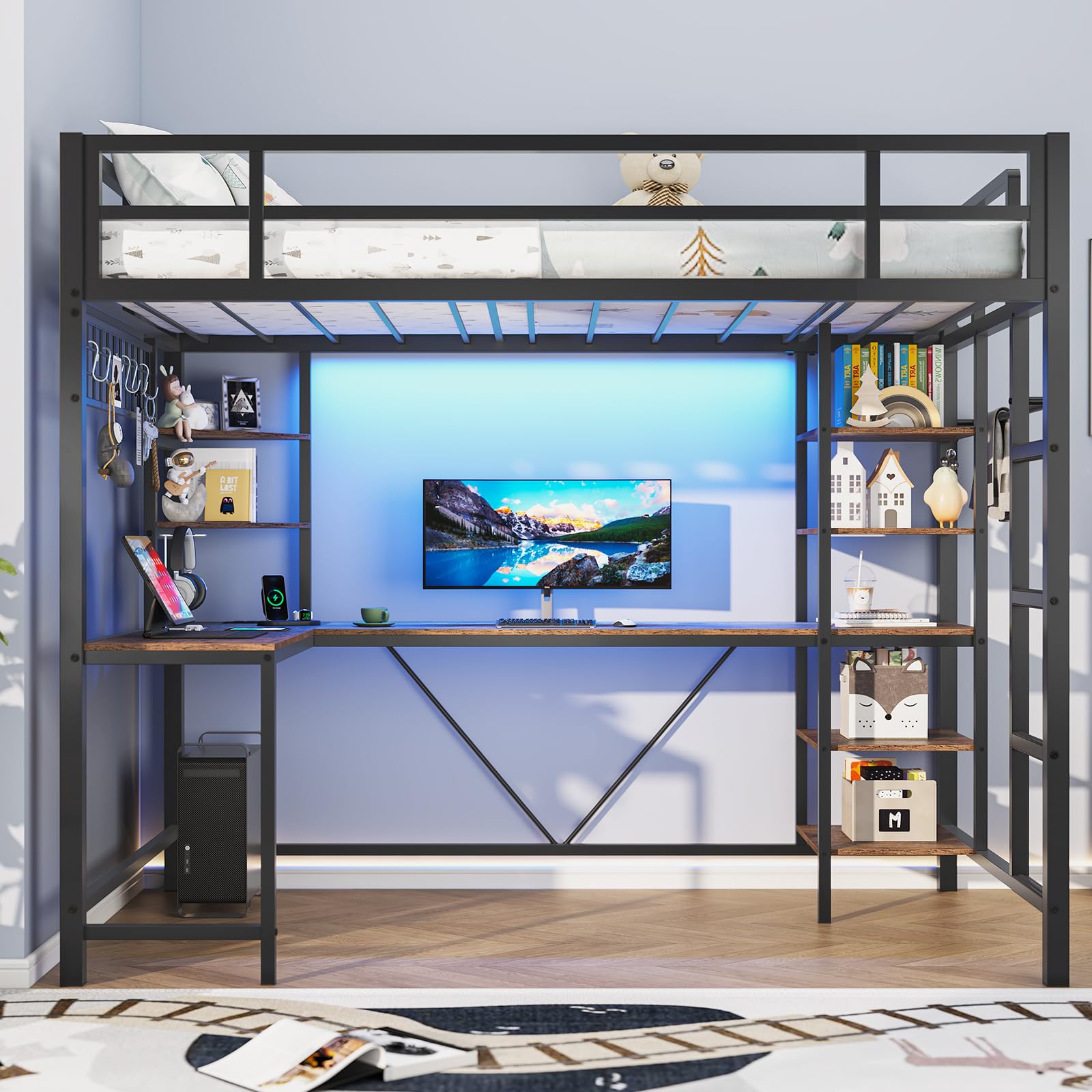 Twin Loft Bed with L-Shaped Desk and Storage Shelves