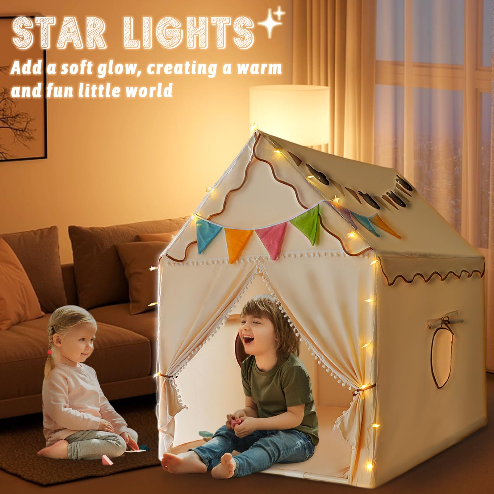 Large Kids Play Tent House with Star Lights, Colorful Flags, Padded Mat & Felt Basket, Indoor Outdoor Playhouse for Boys & Girls Tent Playhouse, 53x51x39 inch (Battery Not Include)