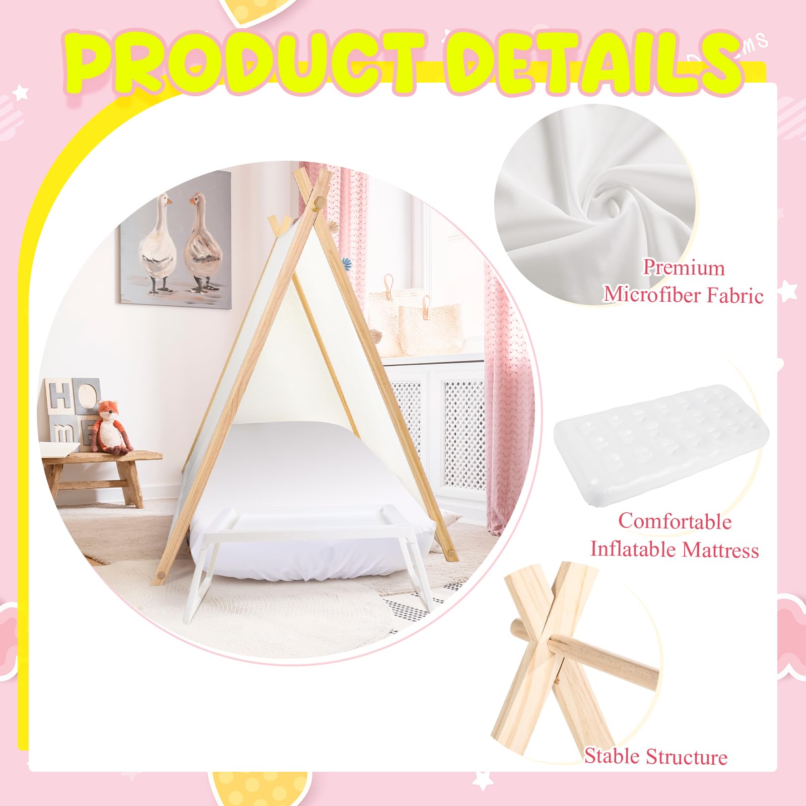 6-Piece Teepee Tent Party Set with Air Mattresses and Tray Tables - White