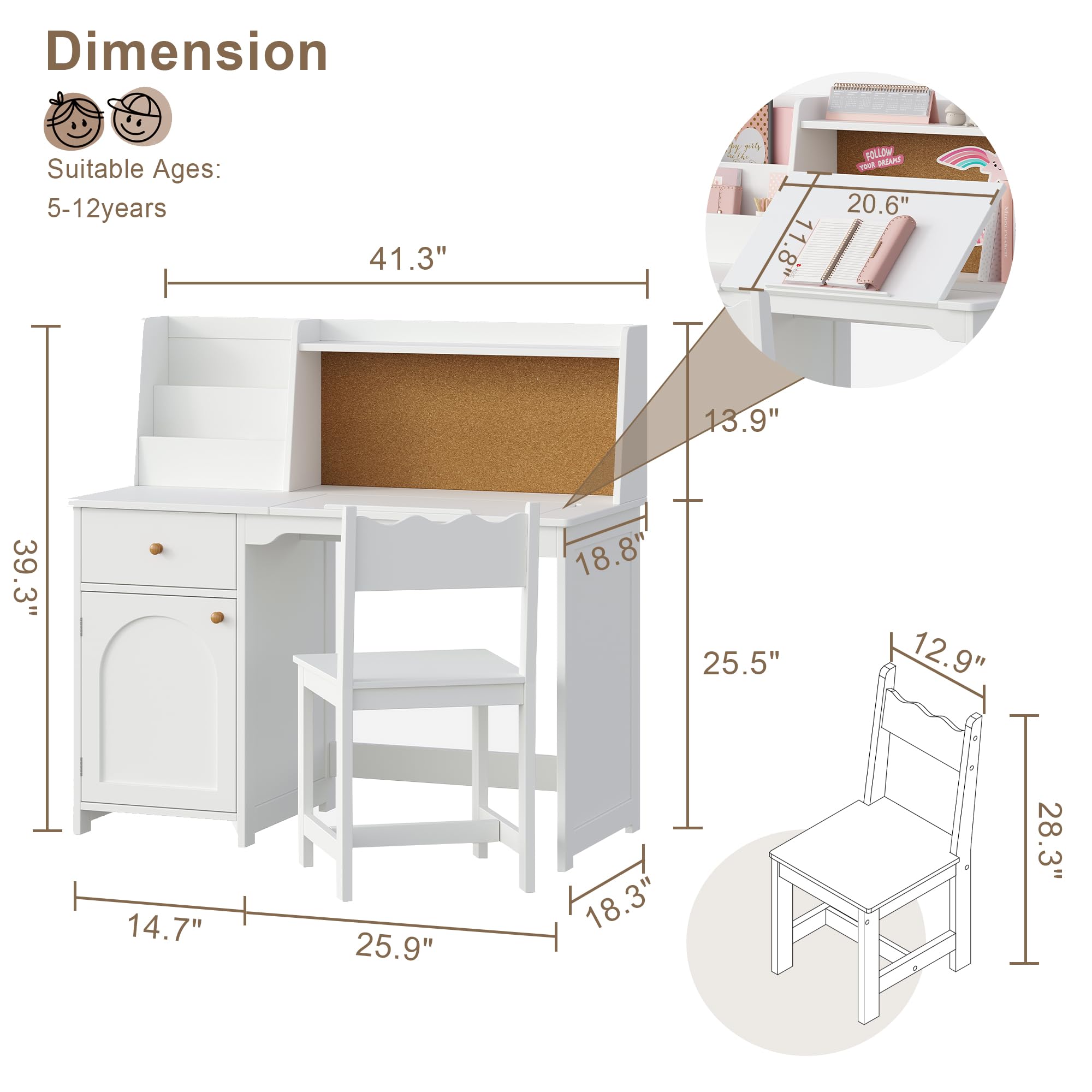 Kids Study Desk and Chair Set with Hutch and Tiltable Desktop