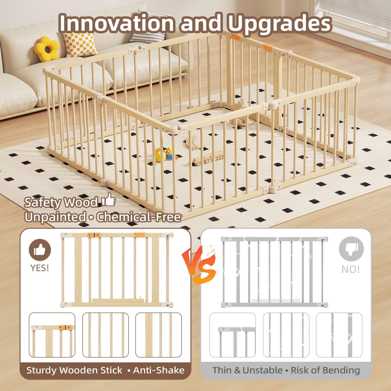 Wooden Baby Playpen with Gate 8 Panels