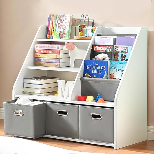 Kids Bookshelf with Storage Bins and Display Shelf