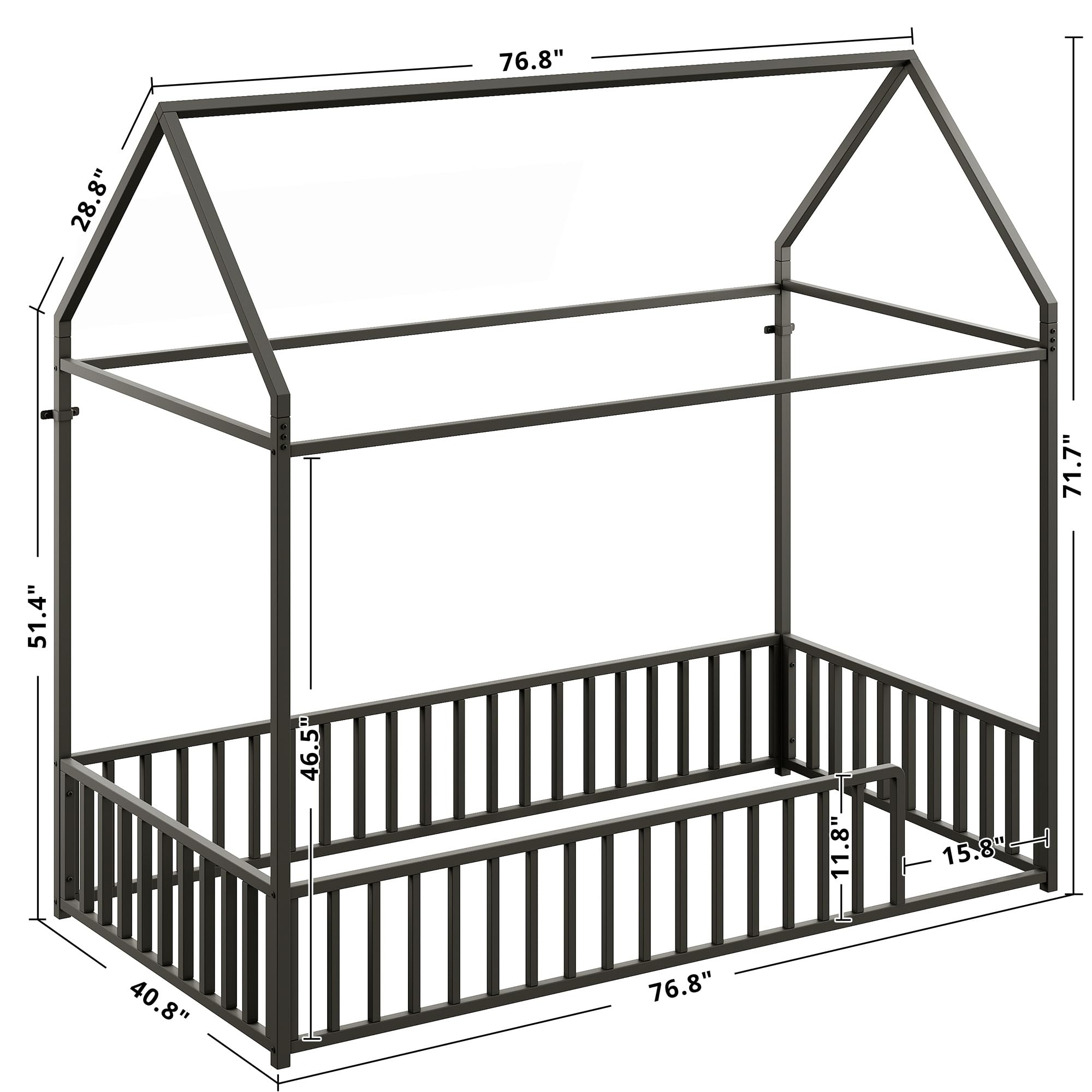 Twin Floor Bed Frame with Roof & Fence Guardrails