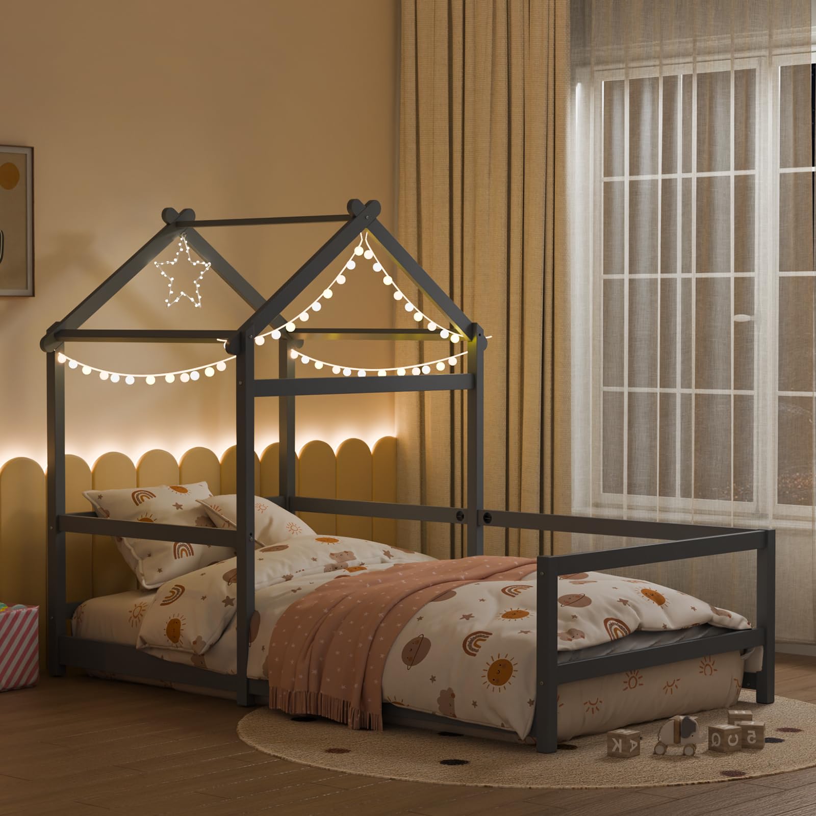 Twin House Floor Bed Frame with Roof and Safety Fence