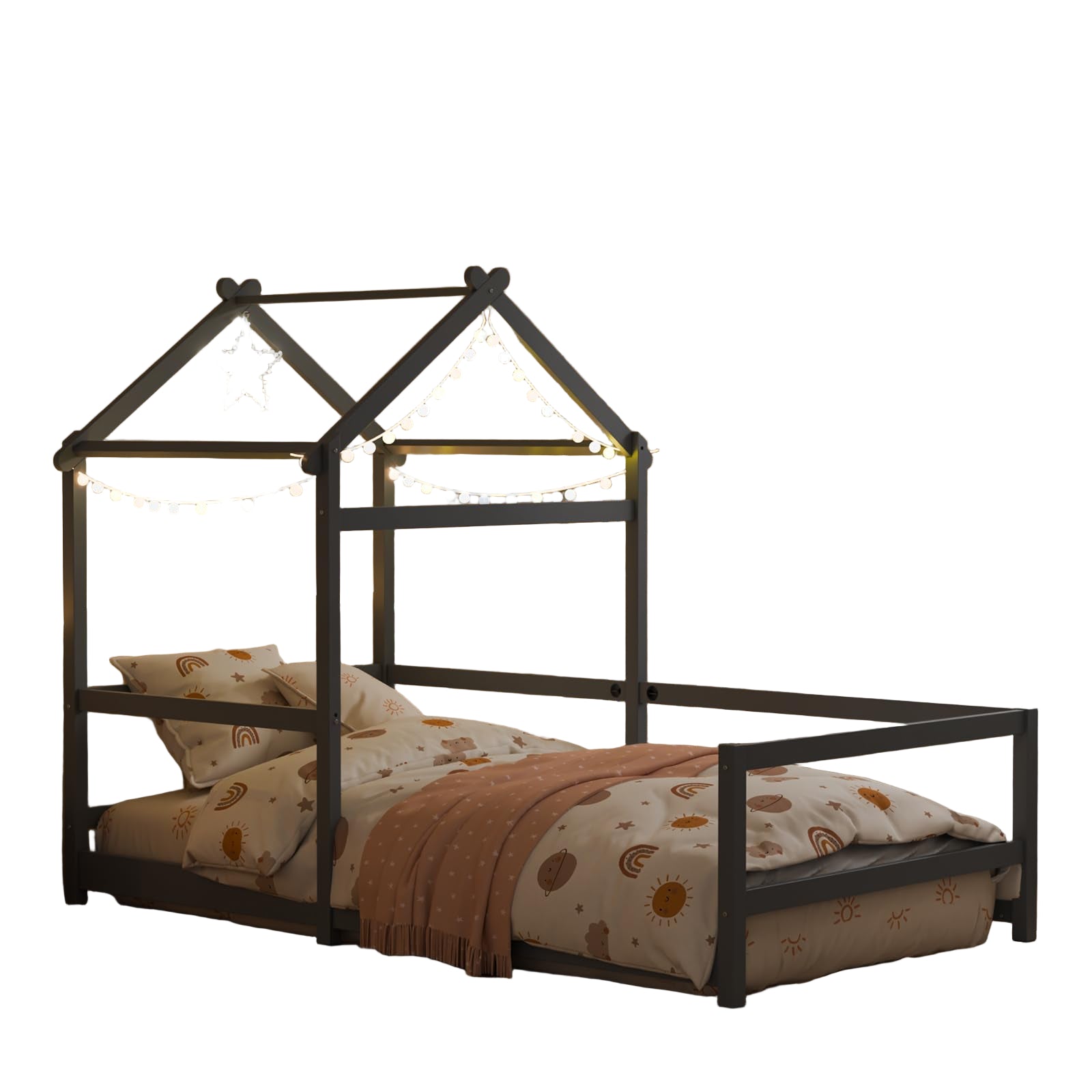 Twin House Floor Bed Frame with Roof, Wooden Montessori Bed with Safety Fence