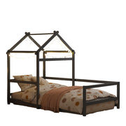 Twin House Floor Bed Frame with Roof, Wooden Montessori Bed with Safety Fence