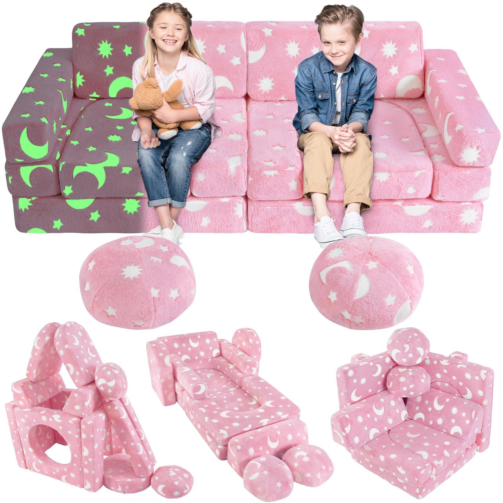 13PCS Kids Play Couch, Foam Modular Kids Sofa, Glowing Toddler Couch Convertible